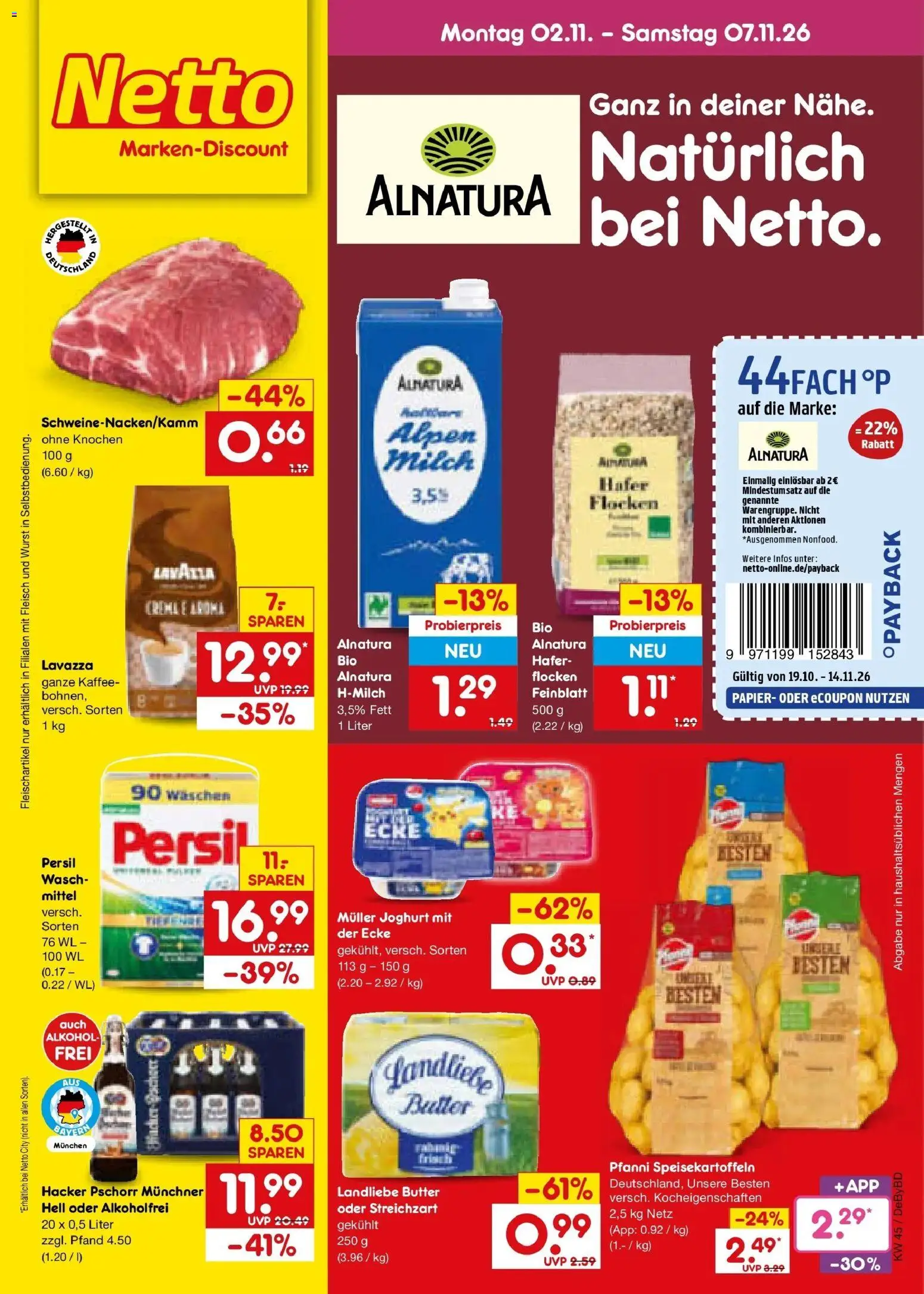 Vorschau von dem Prospekt des Geschäftes Netto Marken-Discount, gültig ab dem 02.11.2026 - Kaffee, Butter, Wurst, Joghurt, Alkohol, Creme, Persil, Landliebe butter