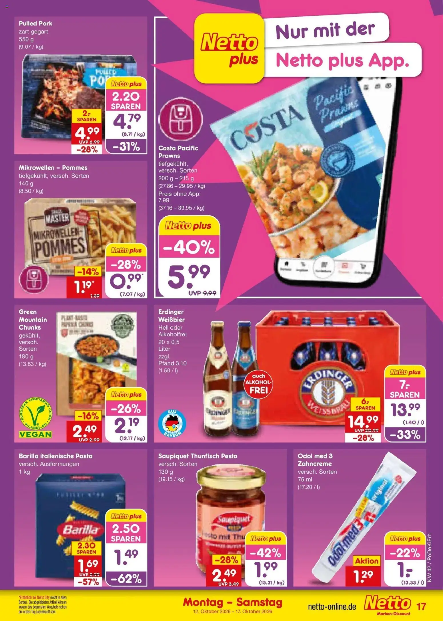 Vorschau von dem Prospekt des Geschäftes Netto Marken-Discount, gültig ab dem 12.10.2026 - Pasta, Pommes, Thunfisch, Alkohol, Barilla, Erdinger, Weißbier