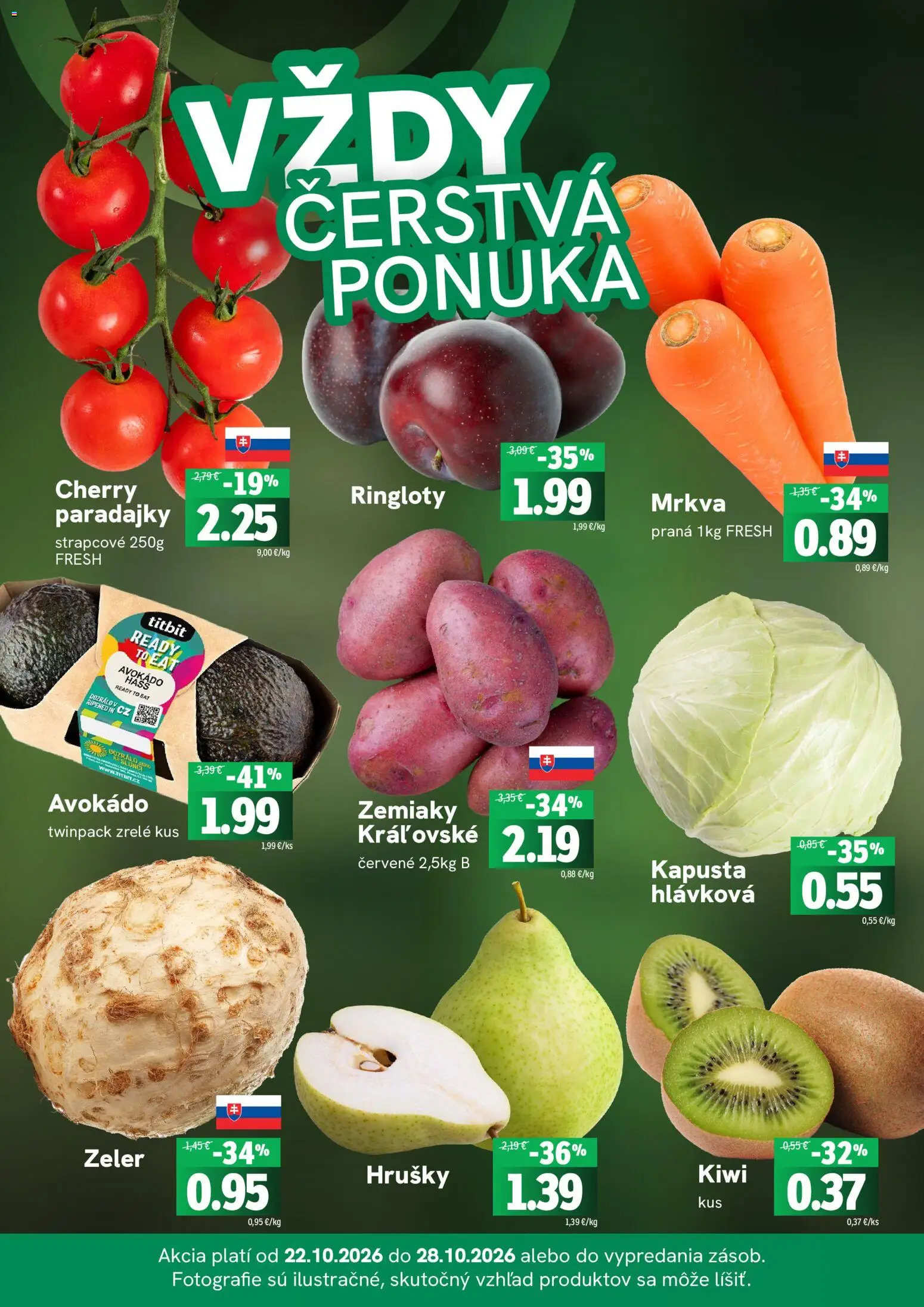 Náhľad Fresh letáku platného od 22.10.2026 - Kiwi, Avokádo, Zeler, Paradajky, Mrkva, Kapusta, Zemiaky, Hrušky