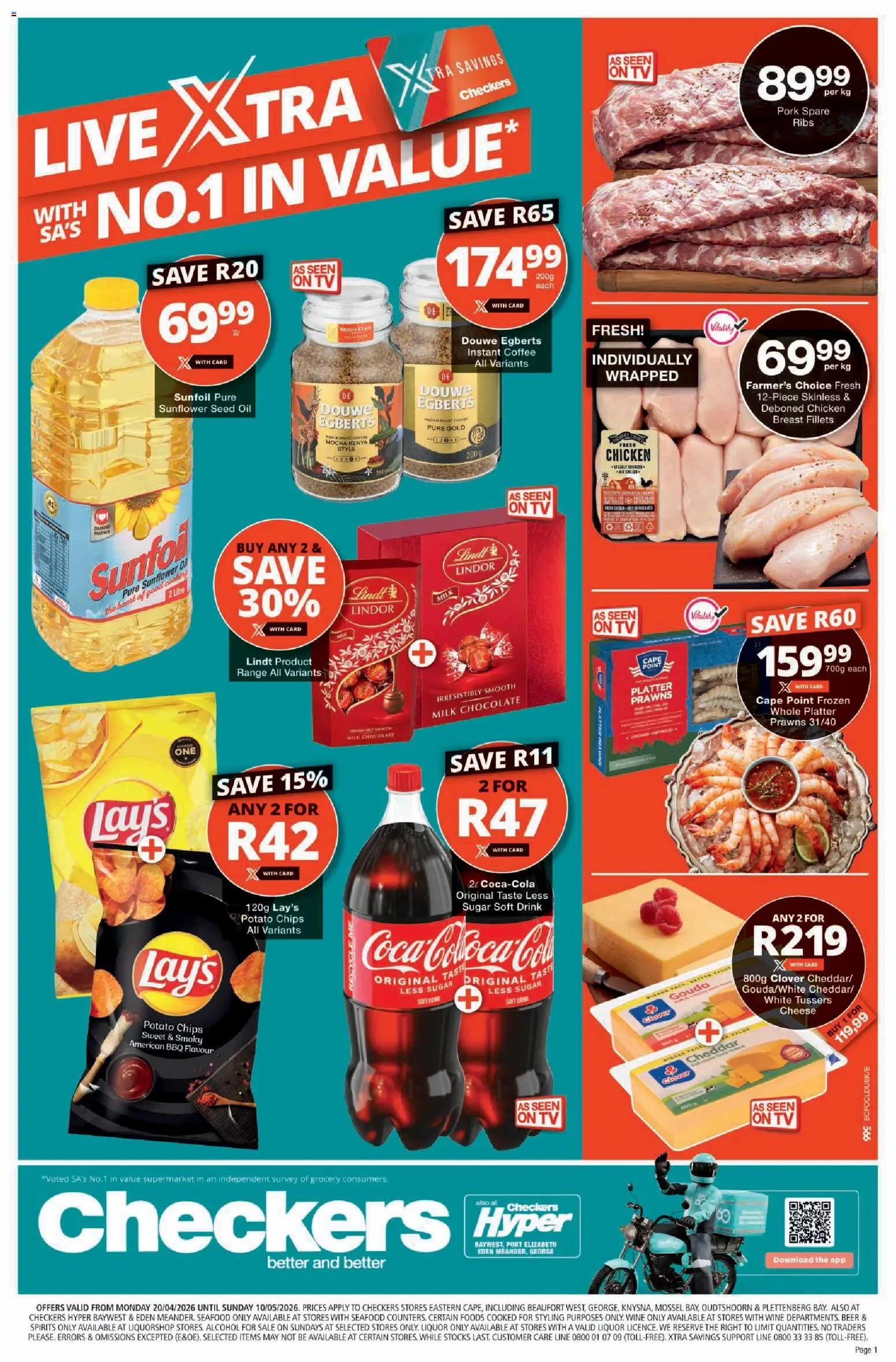 Preview of Checkers flyer valid from 20/04/2026 - TV, Wine, Oil, Seafood, Chips, Sugar, Beer, Pork