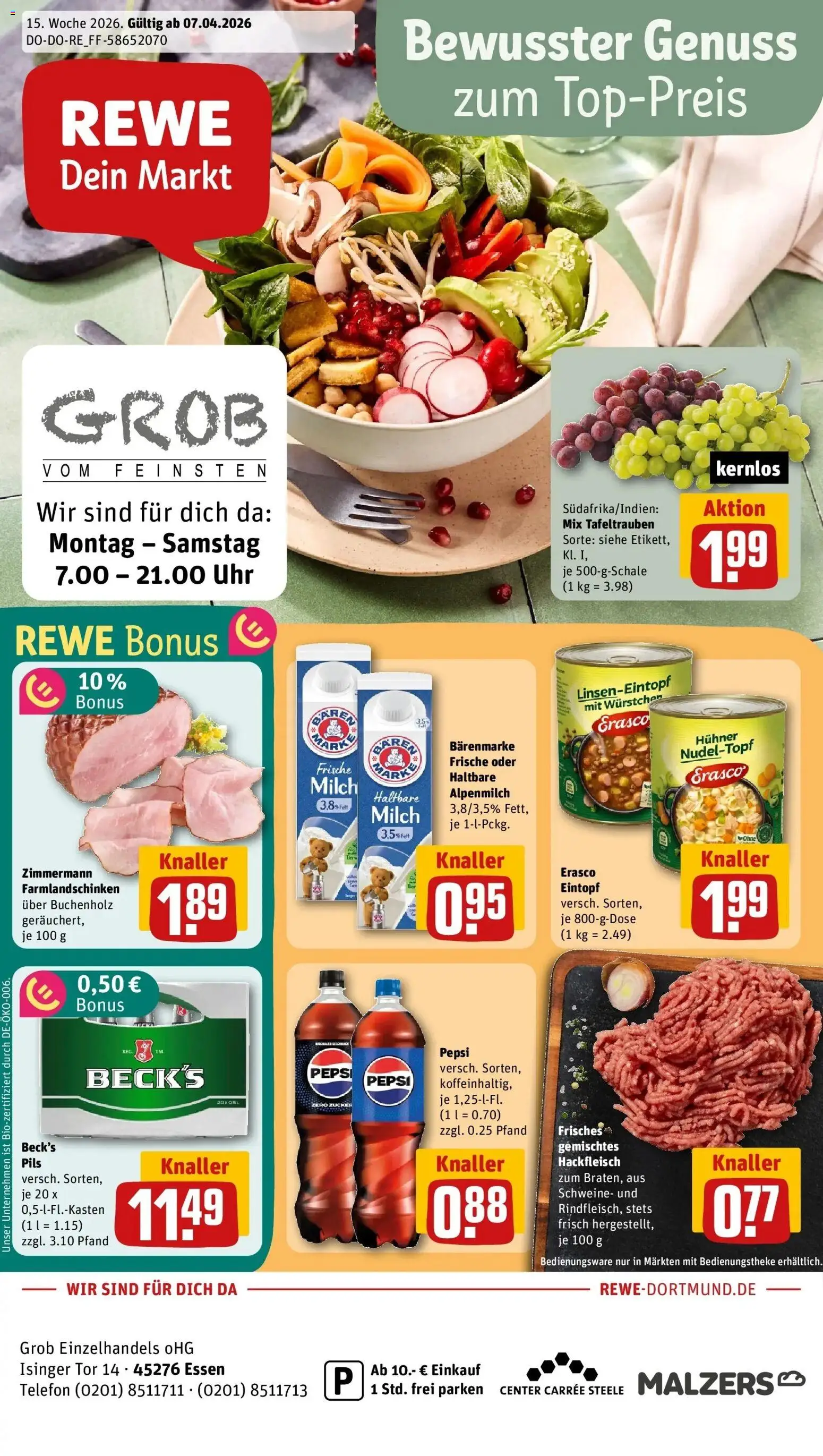 Vorschau von dem Prospekt des Geschäftes Rewe, gültig ab dem 05.04.2026 - Uhr, Telefon, Milch, Hackfleisch, Zucker, Pepsi, Pils, Erasco