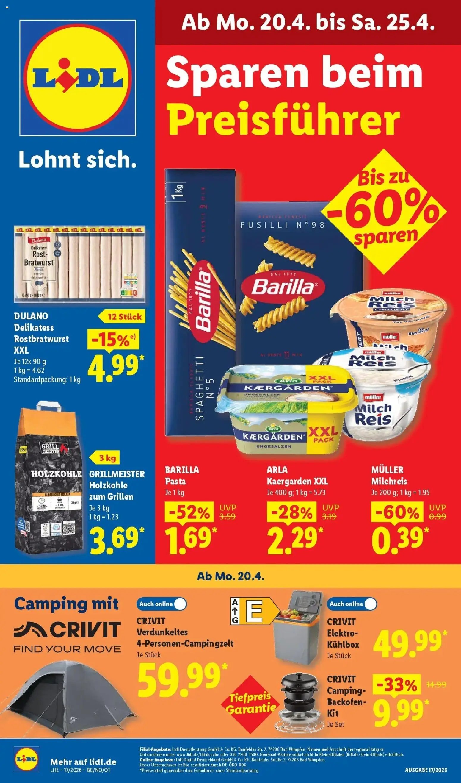 Vorschau von dem Prospekt des Geschäftes Lidl, gültig ab dem 20.04.2026 - Pasta, Bad, Spaghetti, Bratwurst, Backofen, Milch, Reis, Barilla