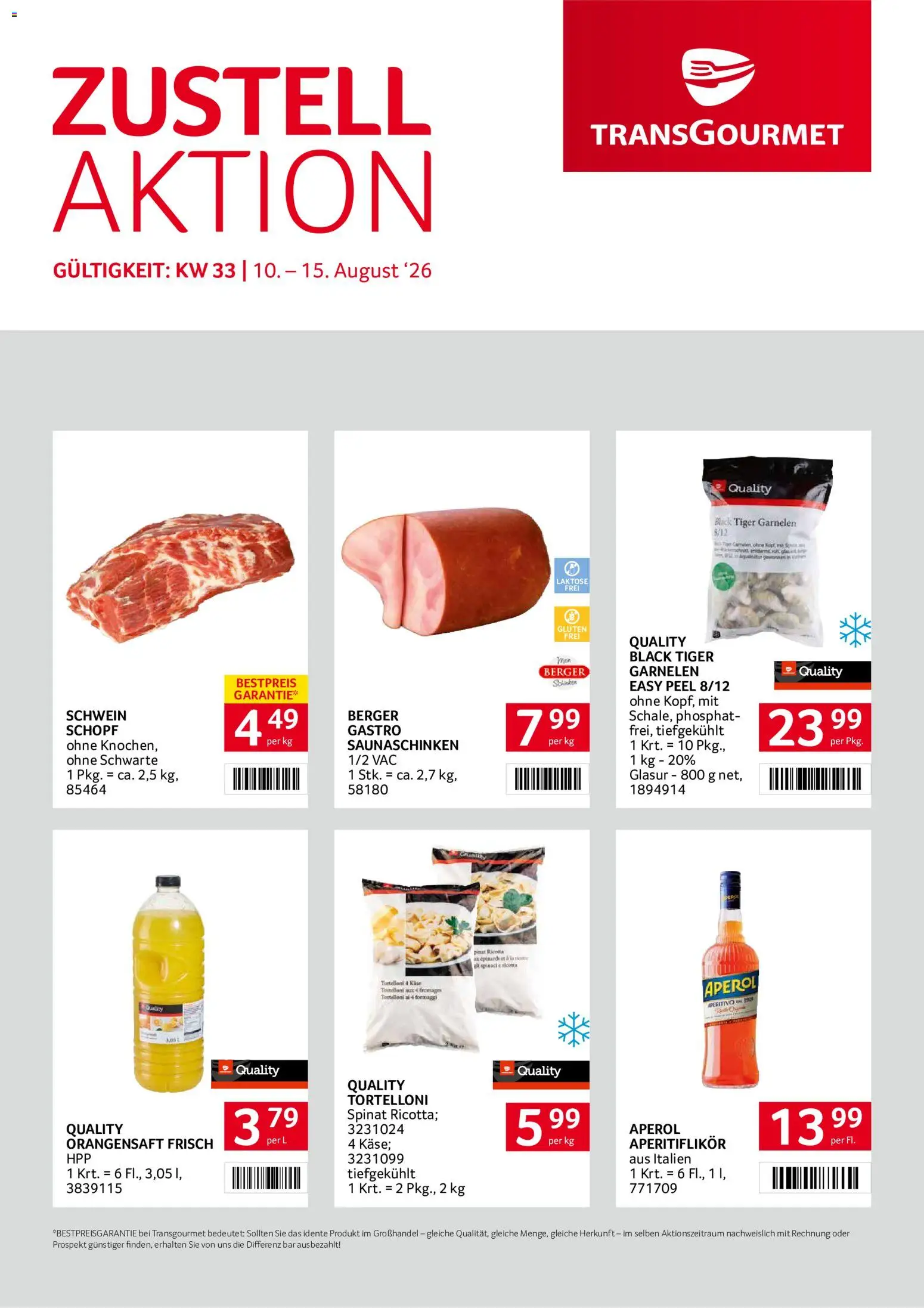 Vorschau der Angebote: Transgourmet Transgourmet Zustellaktion gültig ab 10.08.2026 - Aperol, Schinken