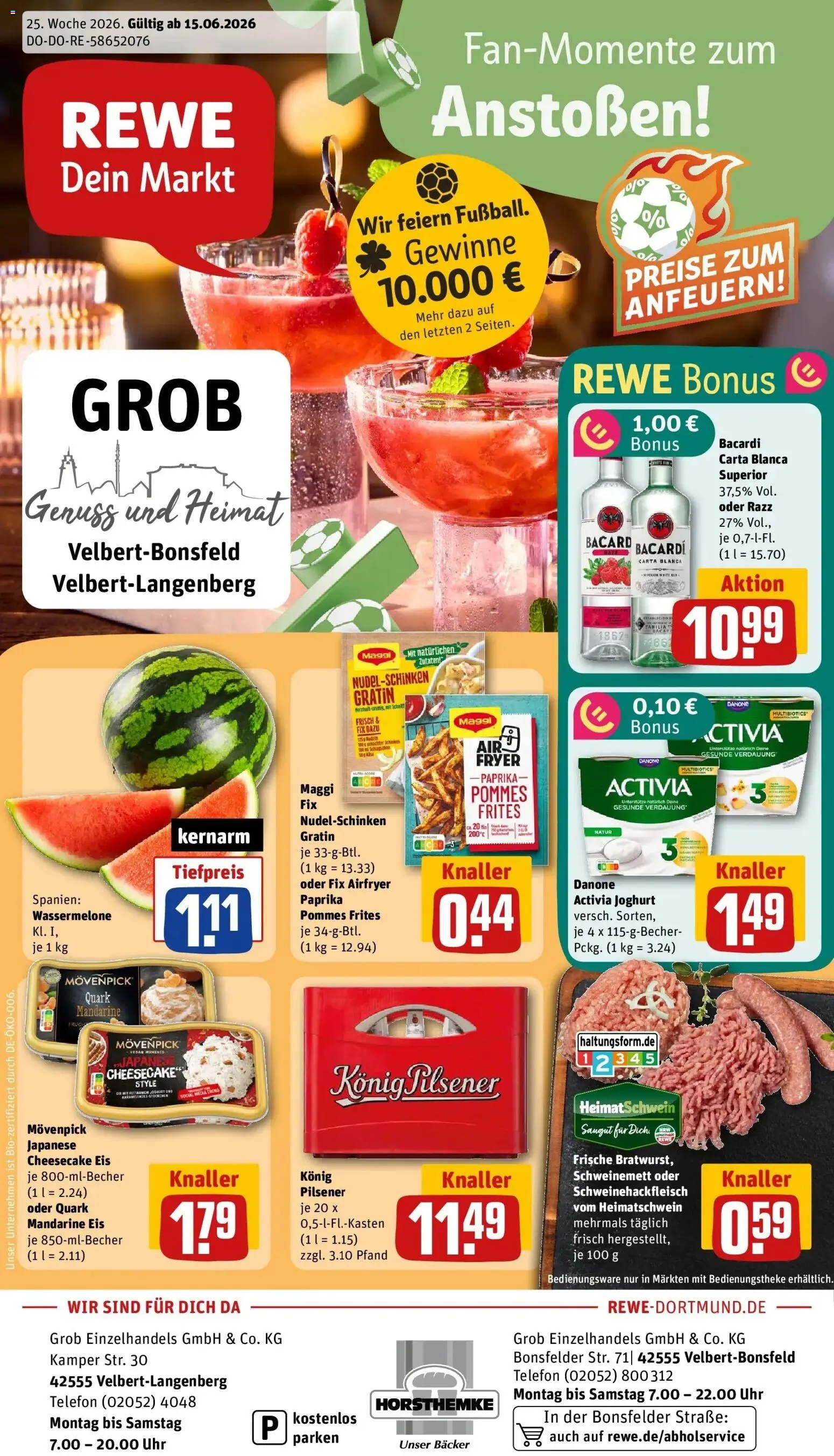 Vorschau von dem Prospekt des Geschäftes Rewe, gültig ab dem 14.06.2026 - Telefon, Joghurt, Pommes, Quark, Bacardi, Pommes frites, Maggi fix, Danone activia
