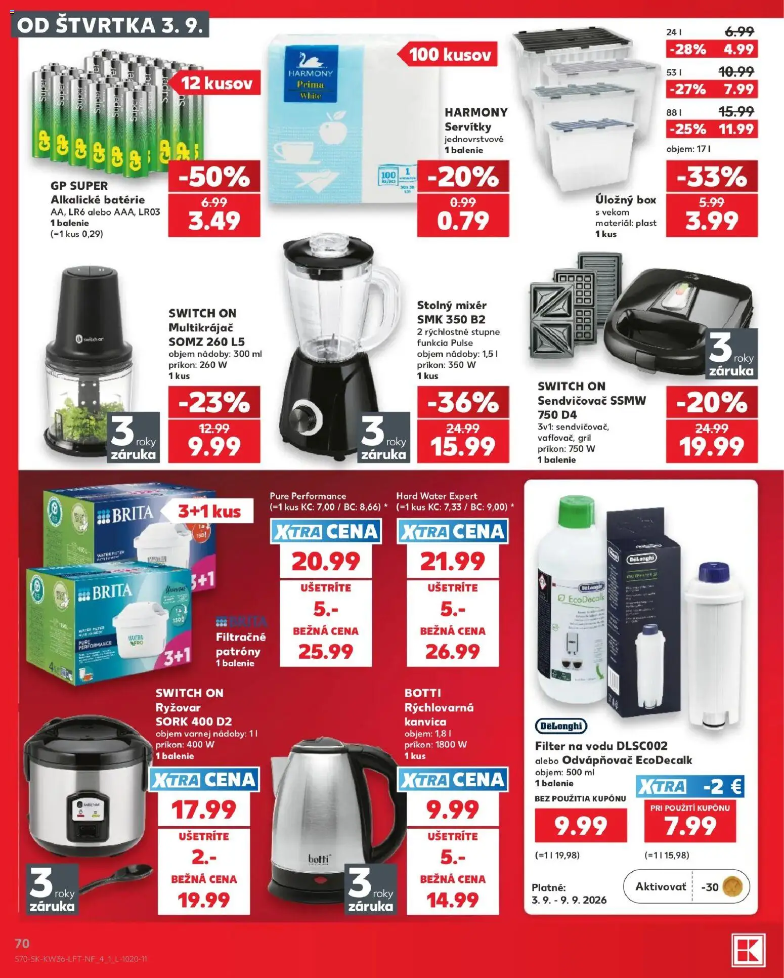 Náhľad Kaufland letáku platného od 03.09.2026 - Filter na vodu, Gril, Kanvica, Sendvičovač, Batérie, Mixér