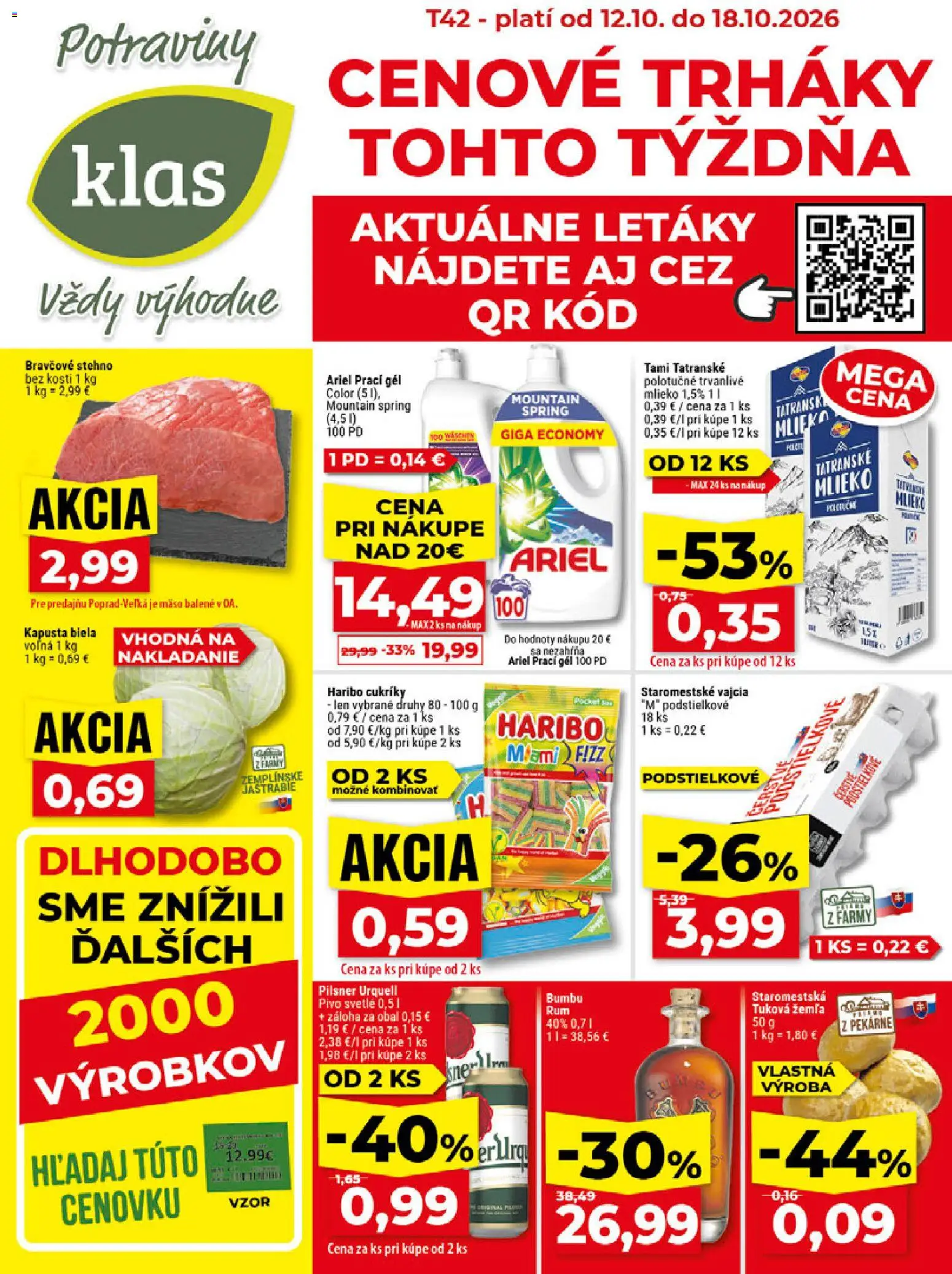 Náhľad Klas letáku platného od 12.10.2026 - Pilsner Urquell, Ariel, Kapusta, Vajcia, Bravčové stehno, Cukríky, Kapusta biela, Prací gél