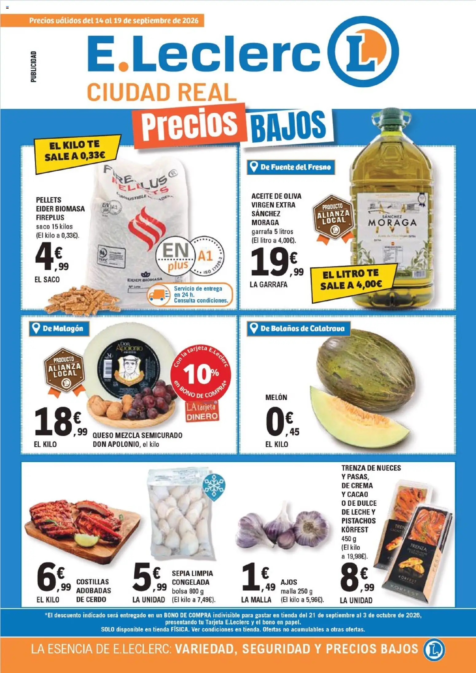 Vista previa del folleto de la tienda E.Leclerc válido desde el 14/09/2026 - Bolsa, Queso, Aceite, Pistachos, Crema, Nueces, Pasas, Melón