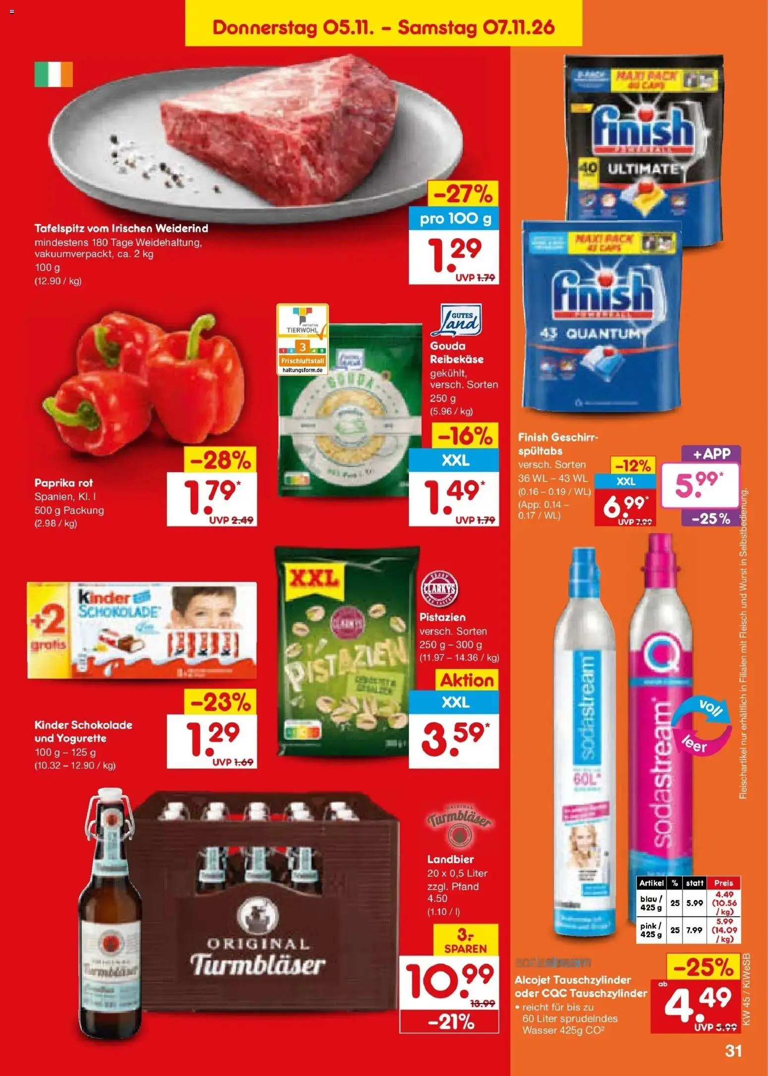 Vorschau von dem Prospekt des Geschäftes Netto Marken-Discount, gültig ab dem 02.11.2026 - Wasser, Sodastream, Pistazien, Fleisch, Paprika, Finish, Reibekase, Kinder schokolade