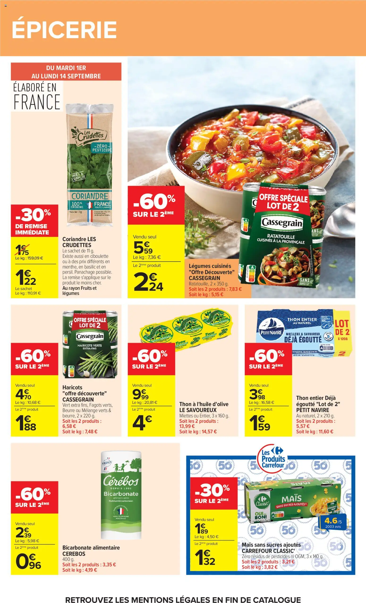 Prévisualisation de Carrefour Market Petit dejeuner du magasin Carrefour Market formulaire valide 01/09/2026 - Ratatouille, Fruits, Mais, Thon, Beurre, Huile, Cassegrain, Haricots verts