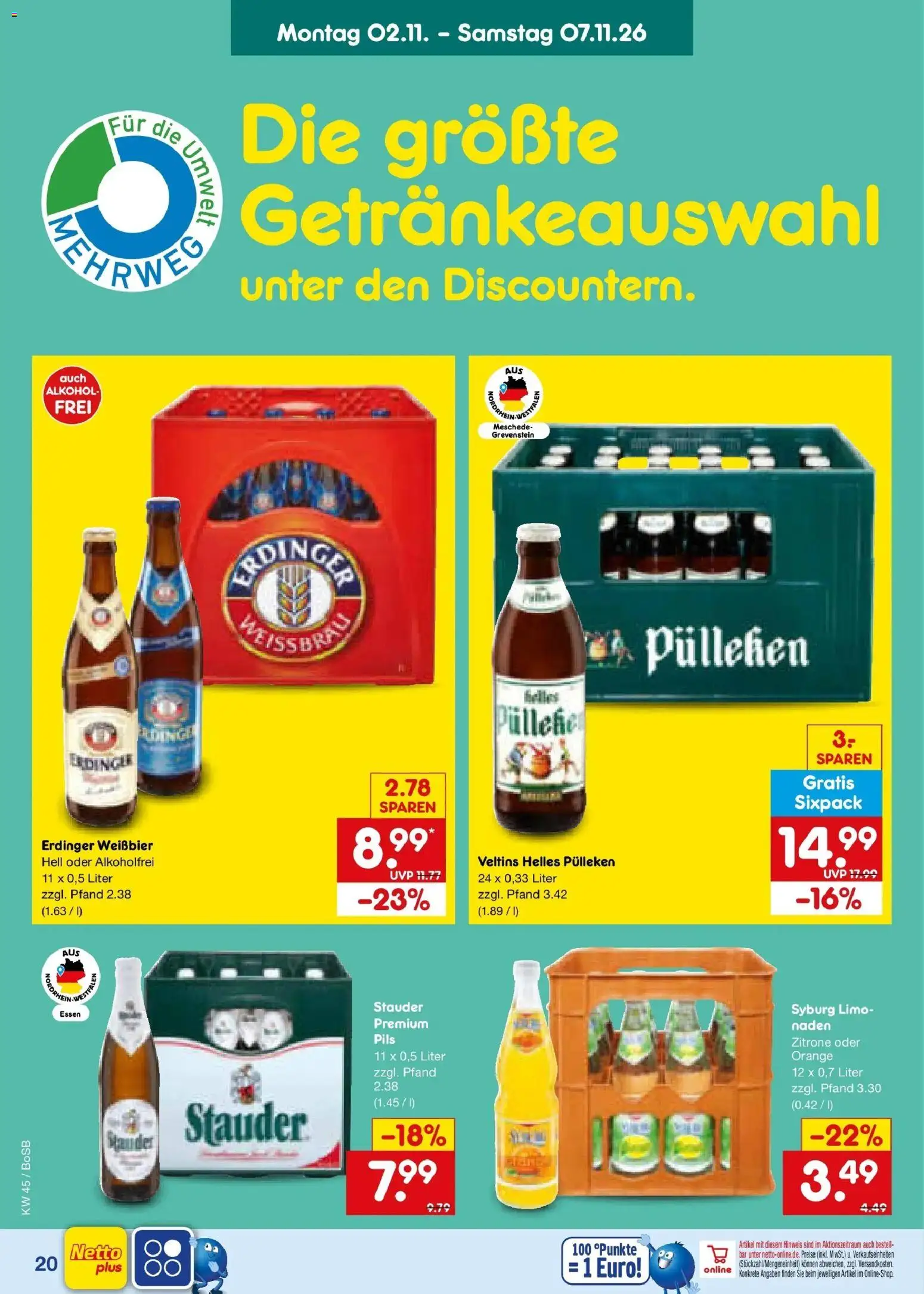 Vorschau von dem Prospekt des Geschäftes Netto Marken-Discount, gültig ab dem 02.11.2026 - Alkohol, Zitrone, Veltins, Erdinger, Weißbier, Pils, Helles pulleken