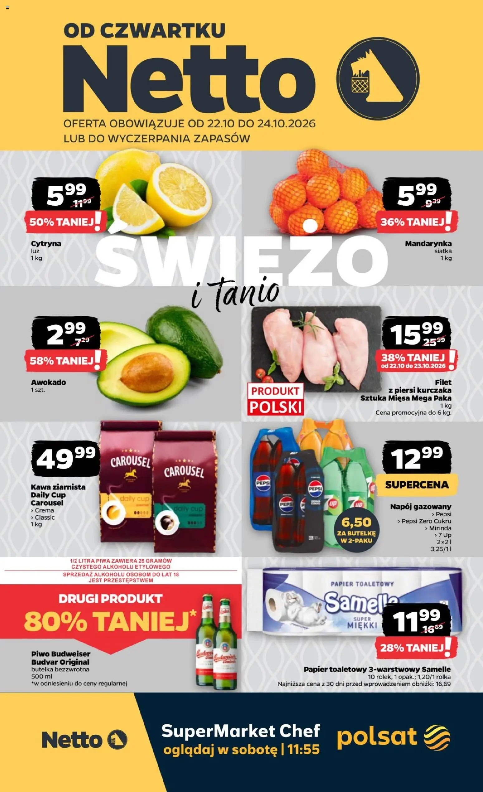 Pogląd gazetki "Netto gazetka od czwartku" ze sklepu Netto ważnej od 22.10.2026 - Awokado, Siatka, Papier toaletowy, Cytryna, Budweiser, Filet, Piwo Budweiser, Papier toaletowy 3-warstwowy