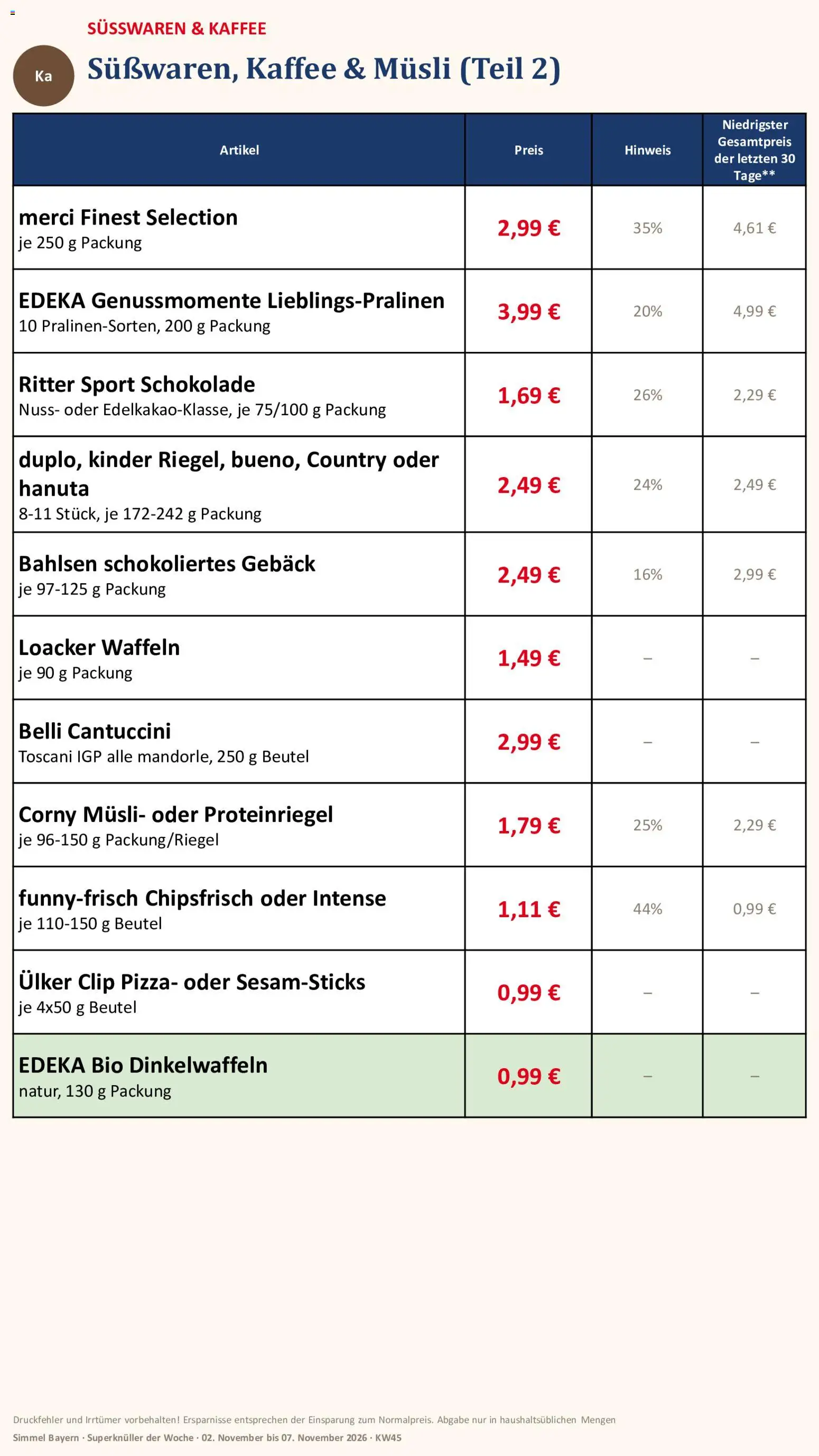 Vorschau von dem Prospekt des Geschäftes Simmel, gültig ab dem 02.11.2026 - Pizza, Kaffee, Schokolade, Waffeln, Ritter sport, Merci, Süßwaren, Musli