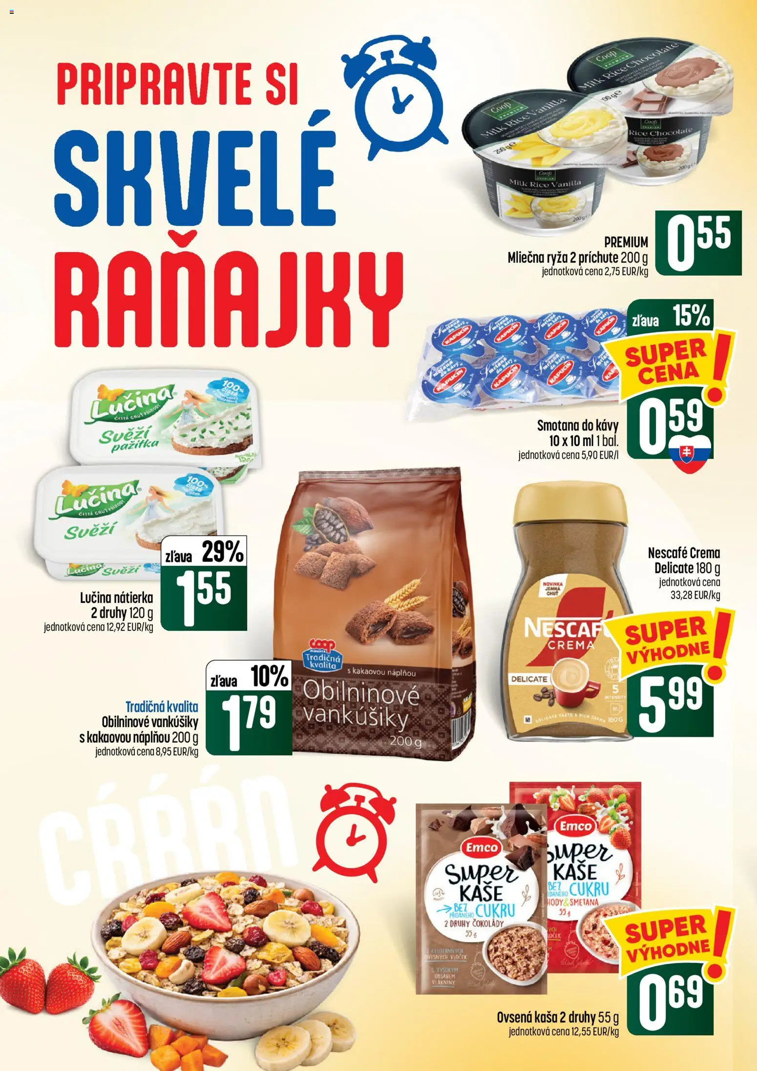 Náhľad COOP Jednota letáku platného od 08.10.2026 - Ryža, Smotana, Mliečna ryža, Nátierka, Ovsená kaša, Kaša, Pažítka, Nescafé Crema
