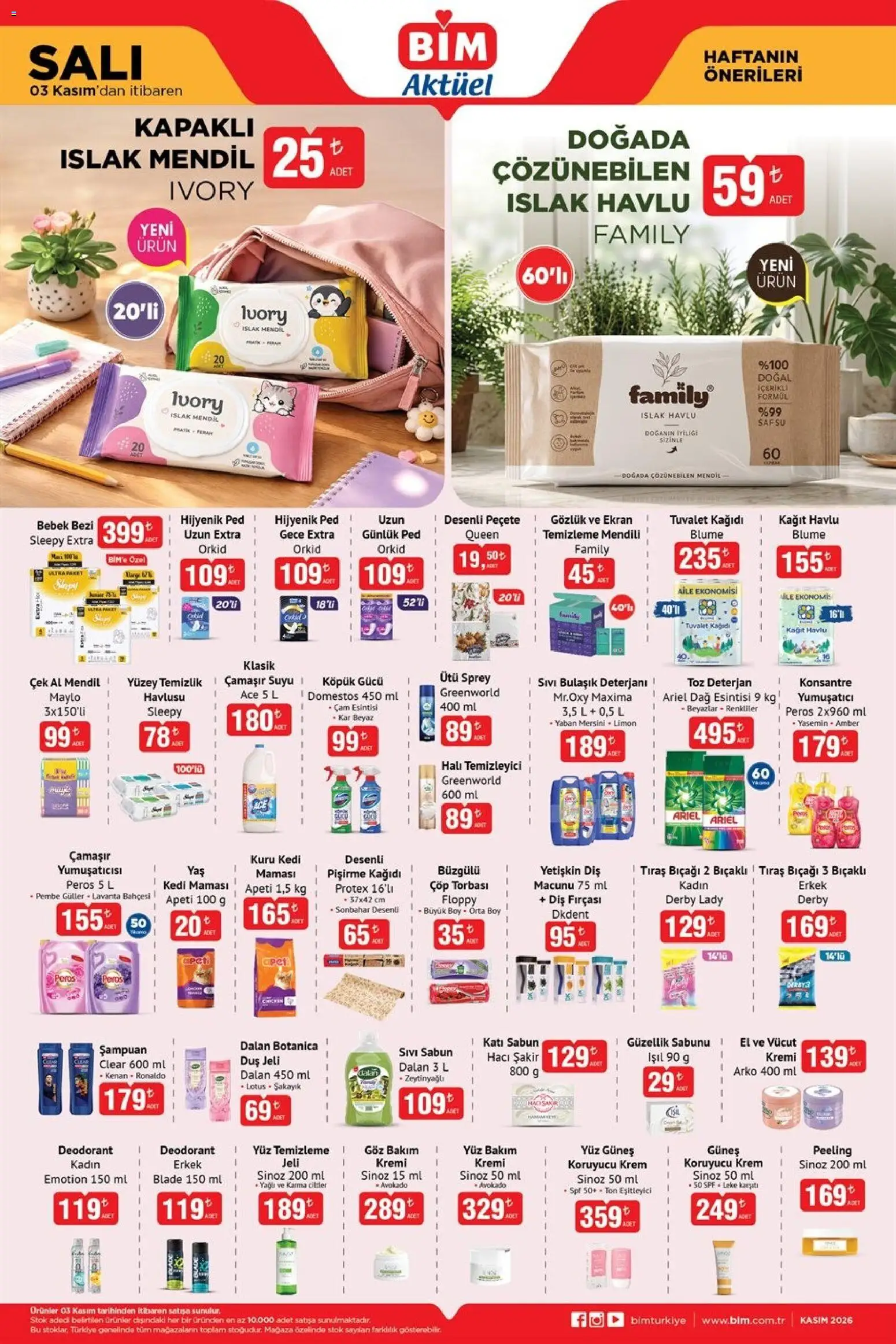 BİM BİM - Katalog Salı 03.11.2026 - Broşürünün önizlemesi - Kedi maması, Avokado, Bulaşık deterjanı, Kağıt havlu, Peeling, Deterjan, Mendil, Çöp torbası