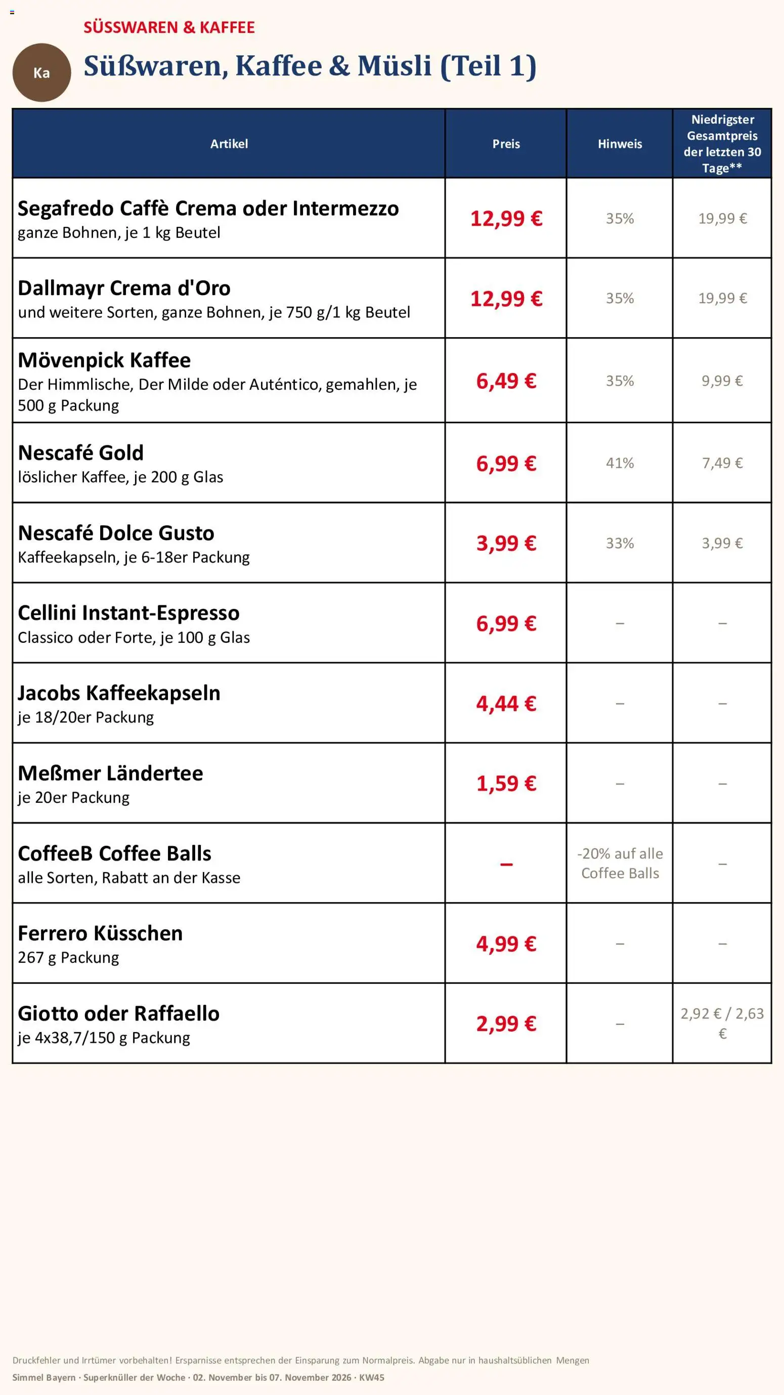 Vorschau von dem Prospekt des Geschäftes Simmel, gültig ab dem 02.11.2026 - Dolce gusto, Raffaello, Nescafe, Süßwaren, Messmer, Nescafe gold, Movenpick kaffee, Musli