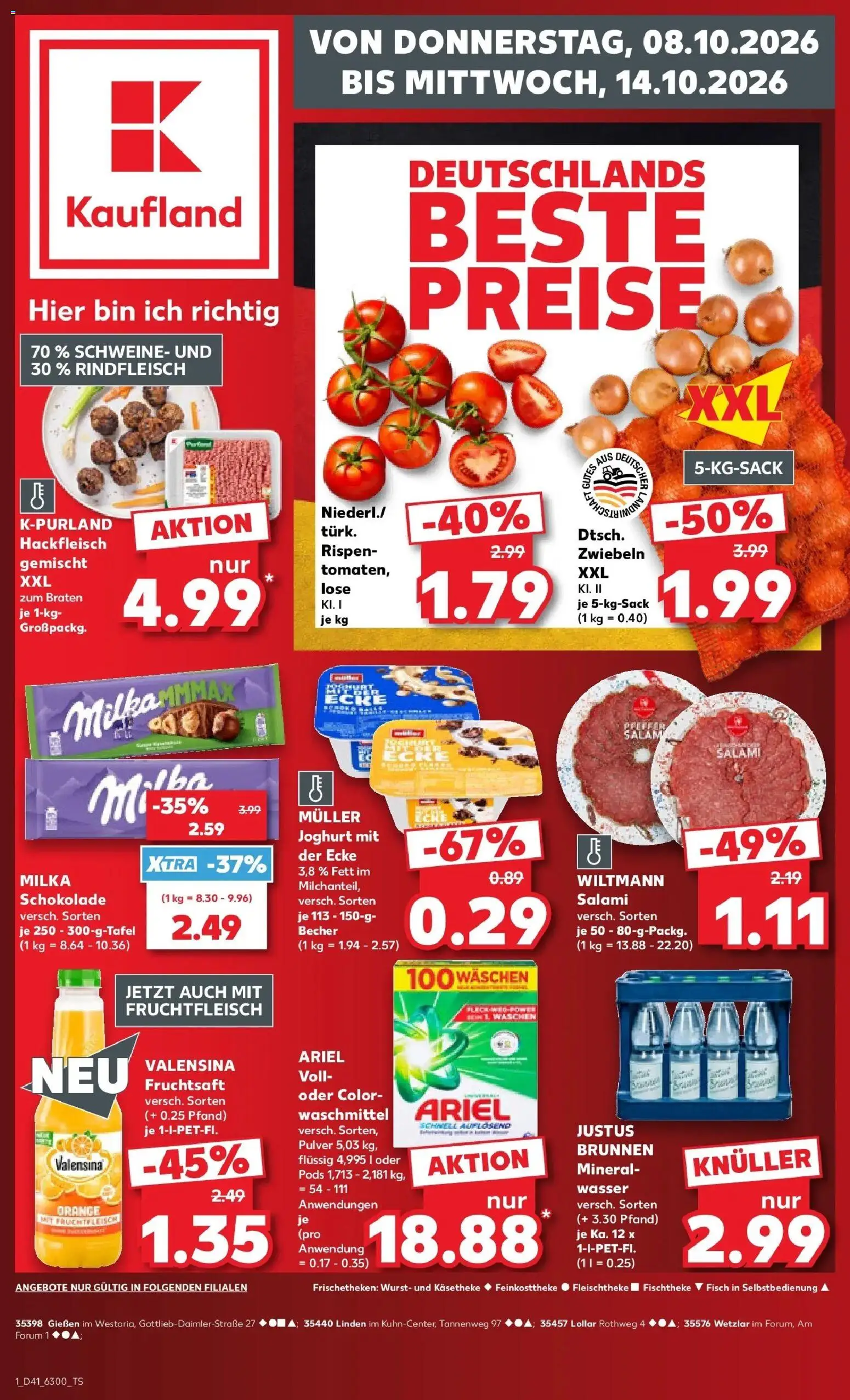 Vorschau von dem Prospekt des Geschäftes Kaufland, gültig ab dem 08.10.2026 - Schokolade, Hackfleisch, Milka, Ariel, Salami, Waschmittel, Zwiebeln, Valensina