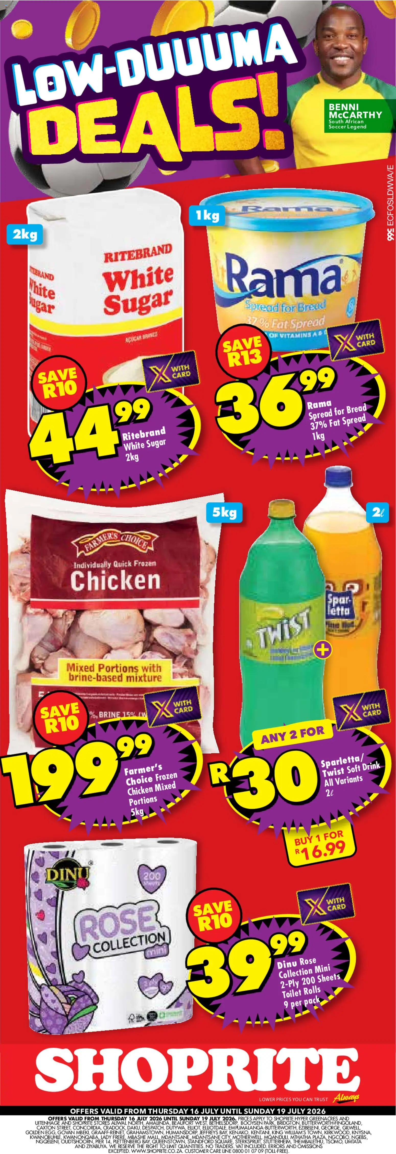 Preview of Shoprite flyer valid from 16/07/2026 - Chicken, Toilet, Bread, Sugar, Vitamins, Spread, Frozen chicken, Fat spread