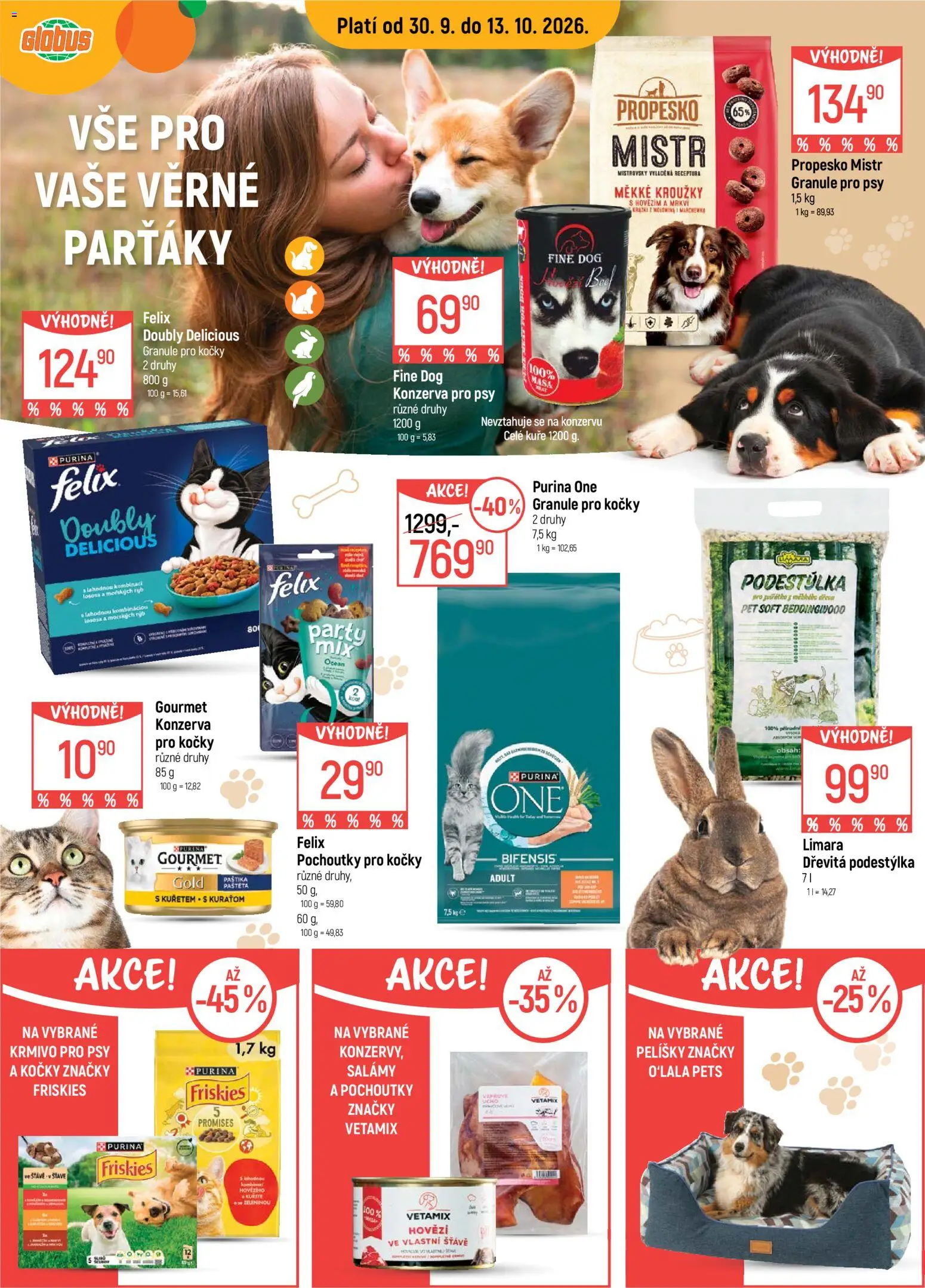 Náhled nabídky: Globus Globus leták - Pro věrné parťáky platný od 30.09.2026 - Globus, Granule pro psy, Granule pro kočky, Hovězí, Gourmet, Purina, Paštika, Propesko