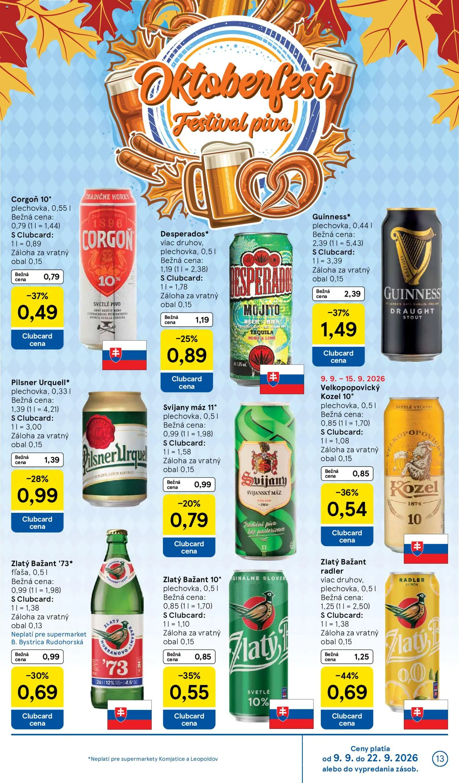 Náhľad Tesco letáku platného od 09.09.2026 - Pivo, Pilsner Urquell, Tequila, Desperados, Svijany, Radler, Zlatý Bažant, Corgoň