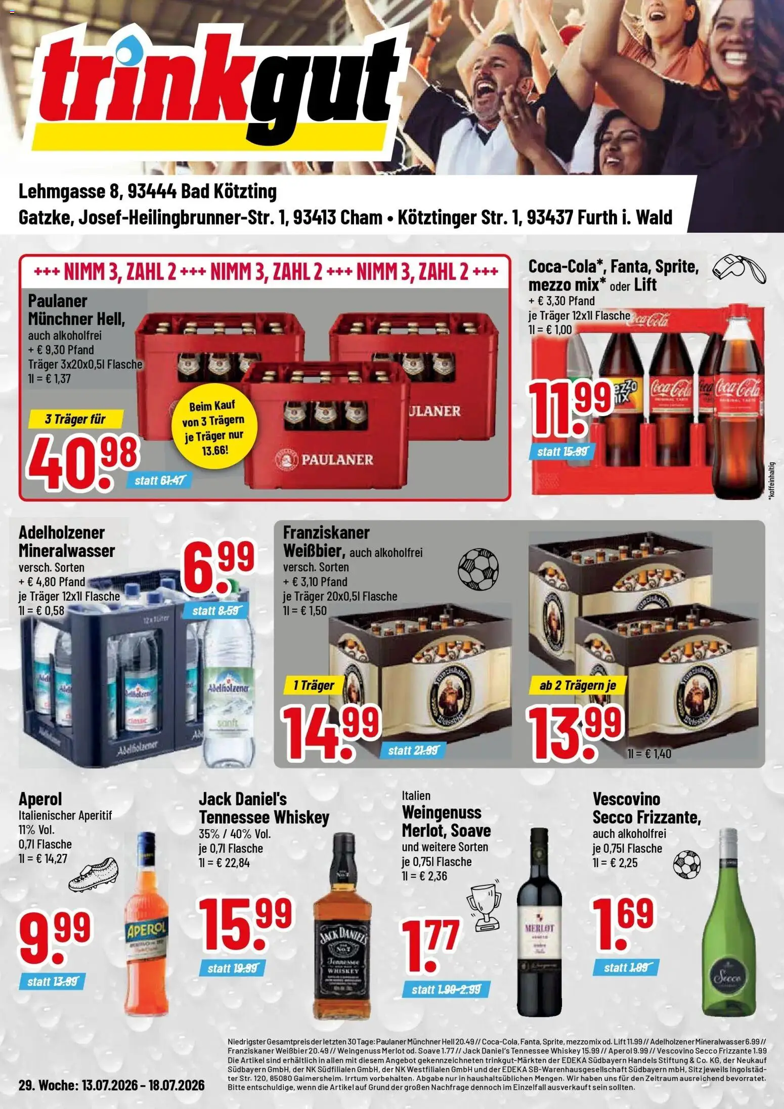 Vorschau von dem Prospekt des Geschäftes Trinkgut, gültig ab dem 13.07.2026 - Bad, Whiskey, Paulaner, Adelholzener, Mezzo mix, Merlot, Weißbier, Jack Daniel's