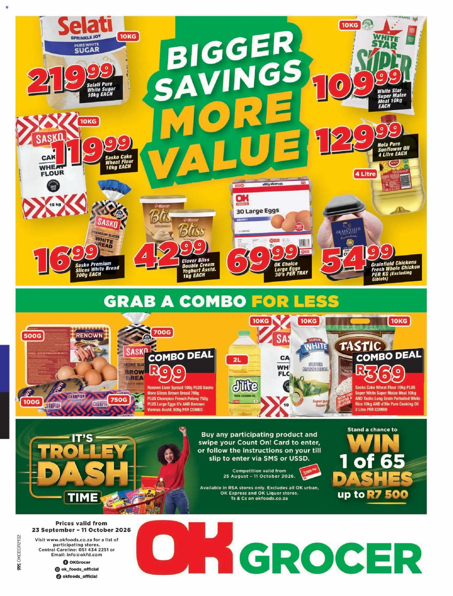 Preview of OK Foods flyer valid from 23/09/2026 - Cake, Chicken, Eggs, Bread, Liver, Rice, Flour, Tray