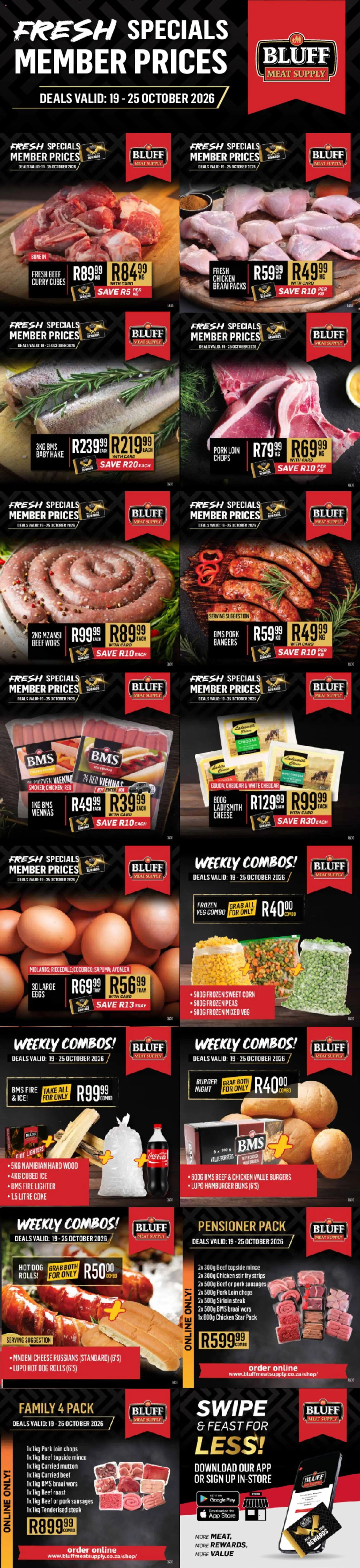 Preview of Bluff Meat Supply flyer valid from 19/10/2026 - Chicken, Eggs, Burgers, Coke, Cheese, Steak, Pork, Tray