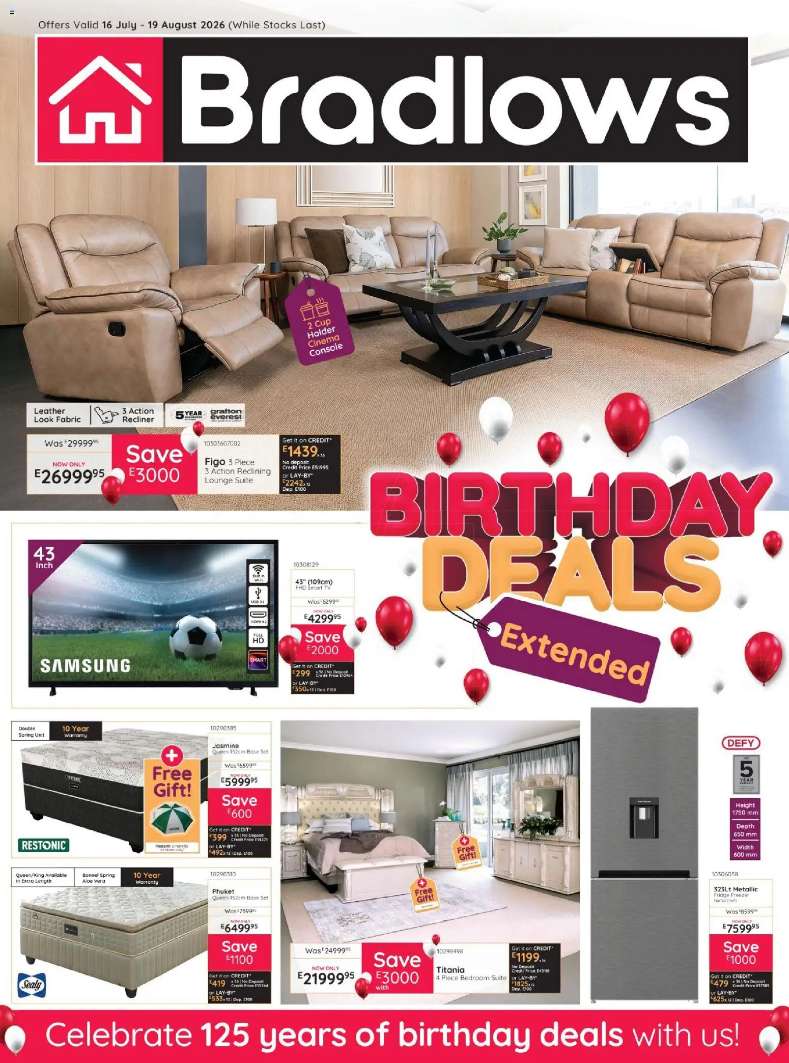 Preview of Bradlows flyer valid from 16/07/2026 - Fridge, TV, Aloe Vera, Lounge suite, Freezer