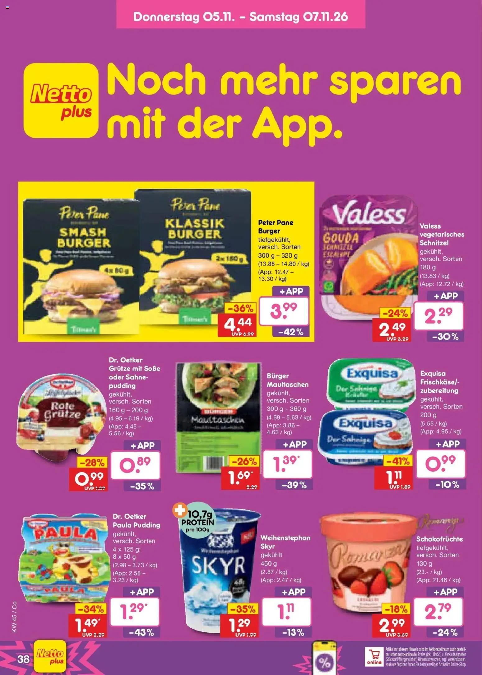Vorschau von dem Prospekt des Geschäftes Netto Marken-Discount, gültig ab dem 02.11.2026 - Burger, Schnitzel, Maultaschen, Pudding, Gouda, Soße, Exquisa, Pane