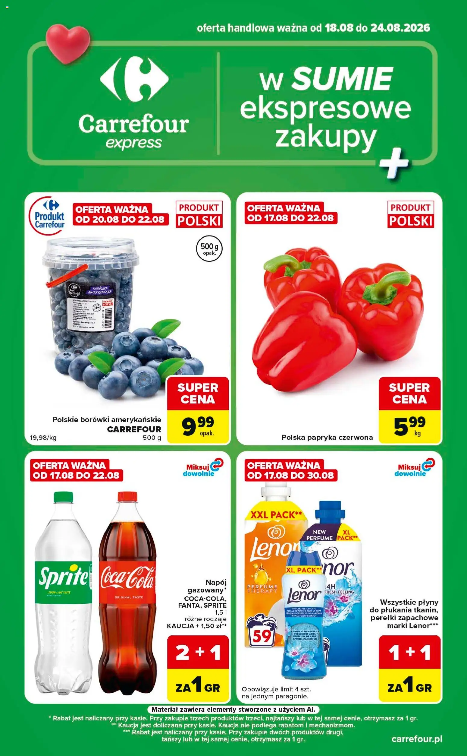 Pogląd gazetki "Carrefour gazetka - Express" ze sklepu Carrefour ważnej od 18.08.2026 - Borówki, Borówka amerykańska, Papryka, Sprite, Papryka czerwona