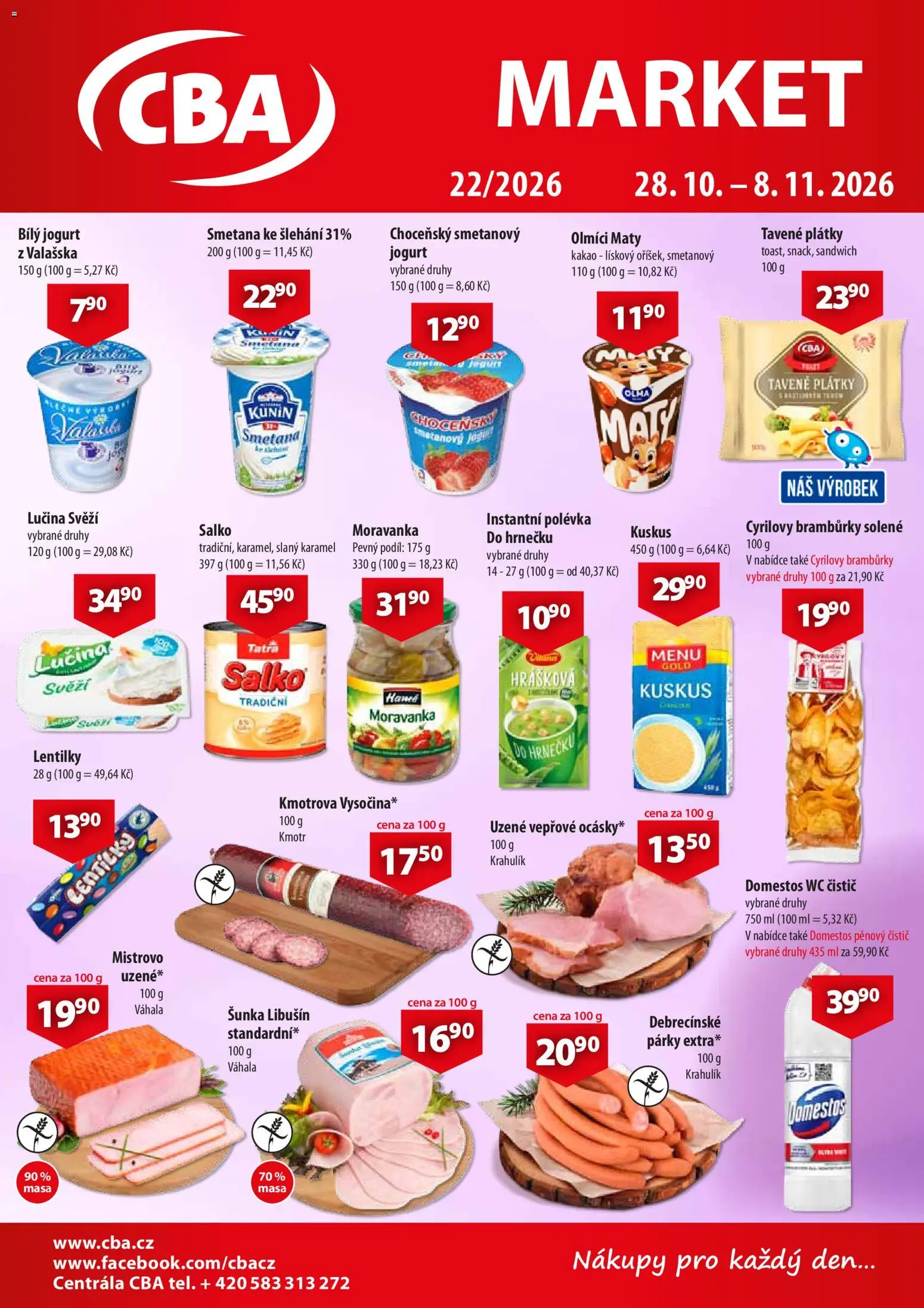 Náhled nabídky: CBA CBA leták - Market platný od 28.10.2026 - Kuskus, Jogurt, Šunka, Párky, Domestos, Slaný karamel, Cyrilovy brambůrky, Wc čistič