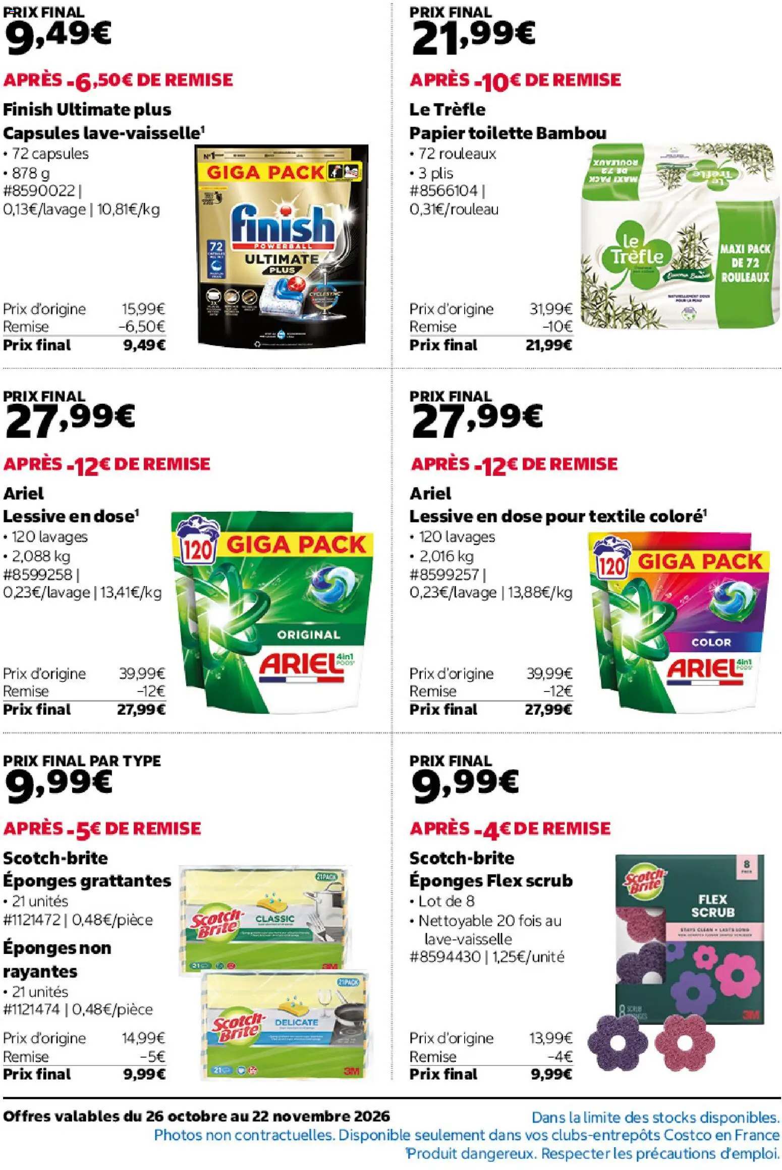 Prévisualisation de Costco catalogue du magasin Costco formulaire valide 26/10/2026 - Bambou, Ariel, Lessive, Papier toilette, Capsules, Éponges, Finish ultimate