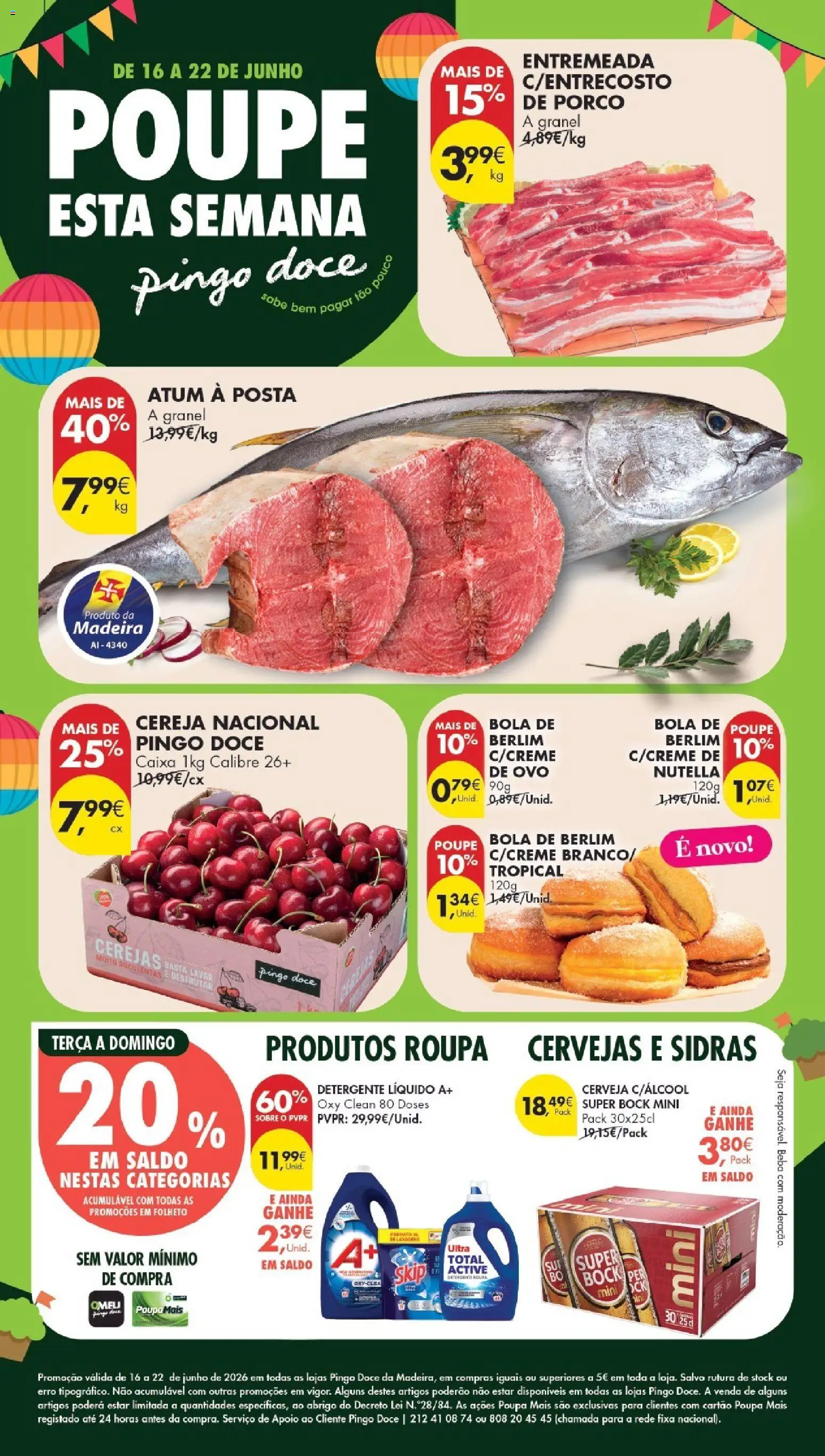 Pré-visualização do folheto da loja Pingo Doce válida a partir de 16/06/2026 - Caixa, Cerveja, Super bock, Bola de Berlim, Atum, Nutella, Cereja, Detergente