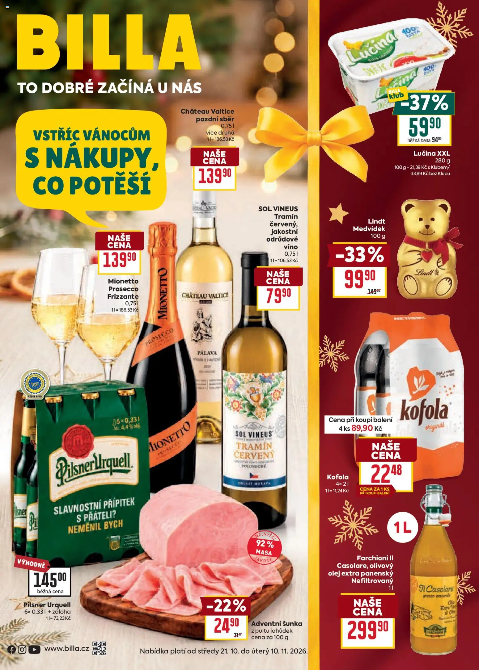 Náhled nabídky: Billa Billa leták - Vánoce platný od 21.10.2026 - Pivo, Pilsner Urquell, Víno, Lučina, Šunka, Frizzante, Mionetto Prosecco, Mionetto