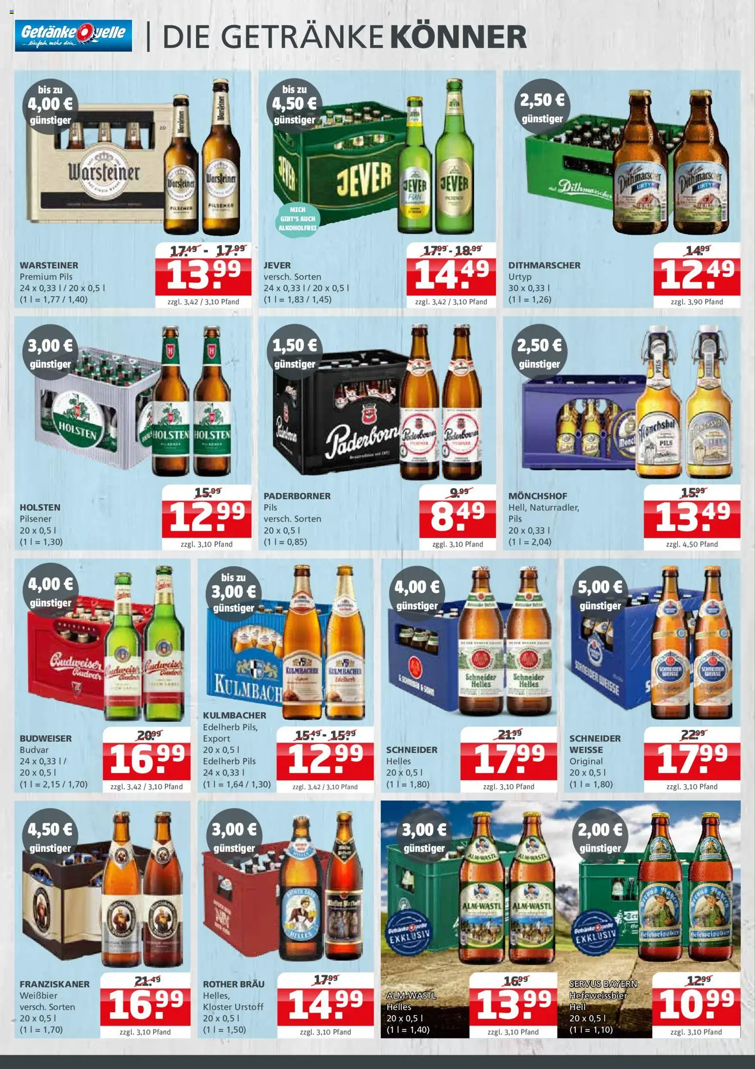Vorschau von dem Prospekt des Geschäftes Getränke Quelle, gültig ab dem 26.10.2026 - Warsteiner, Jever, Budweiser, Franziskaner, Weißbier, Monchshof, Pils, Holsten