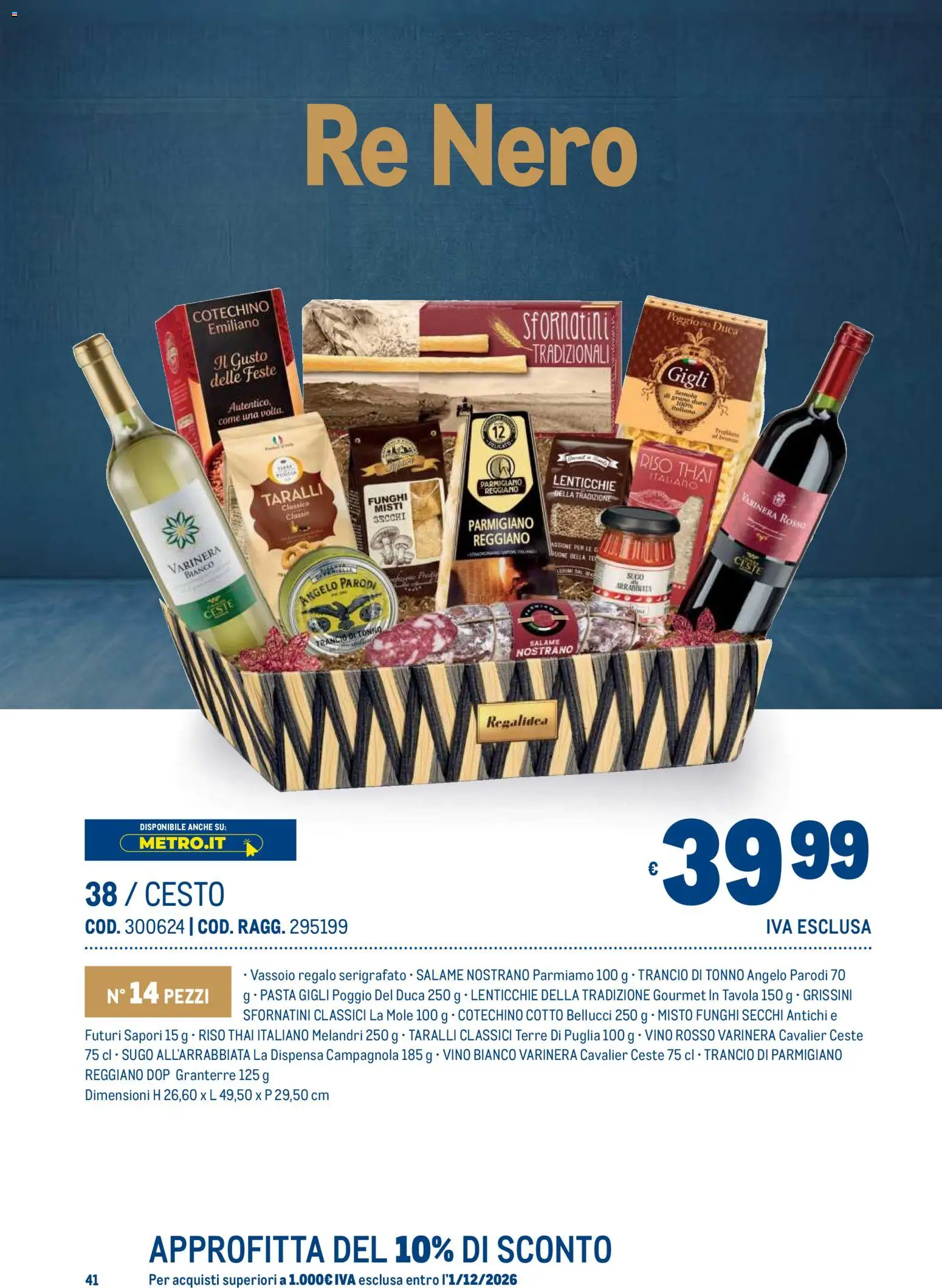 Anteprima dell'opuscolo Metro volantino Regalistica Natale dal negozio Metro valido da 19/10/2026 - Funghi, Tonno, Riso, Taralli, Sugo, Parmigiano, Vino rosso, Grissini