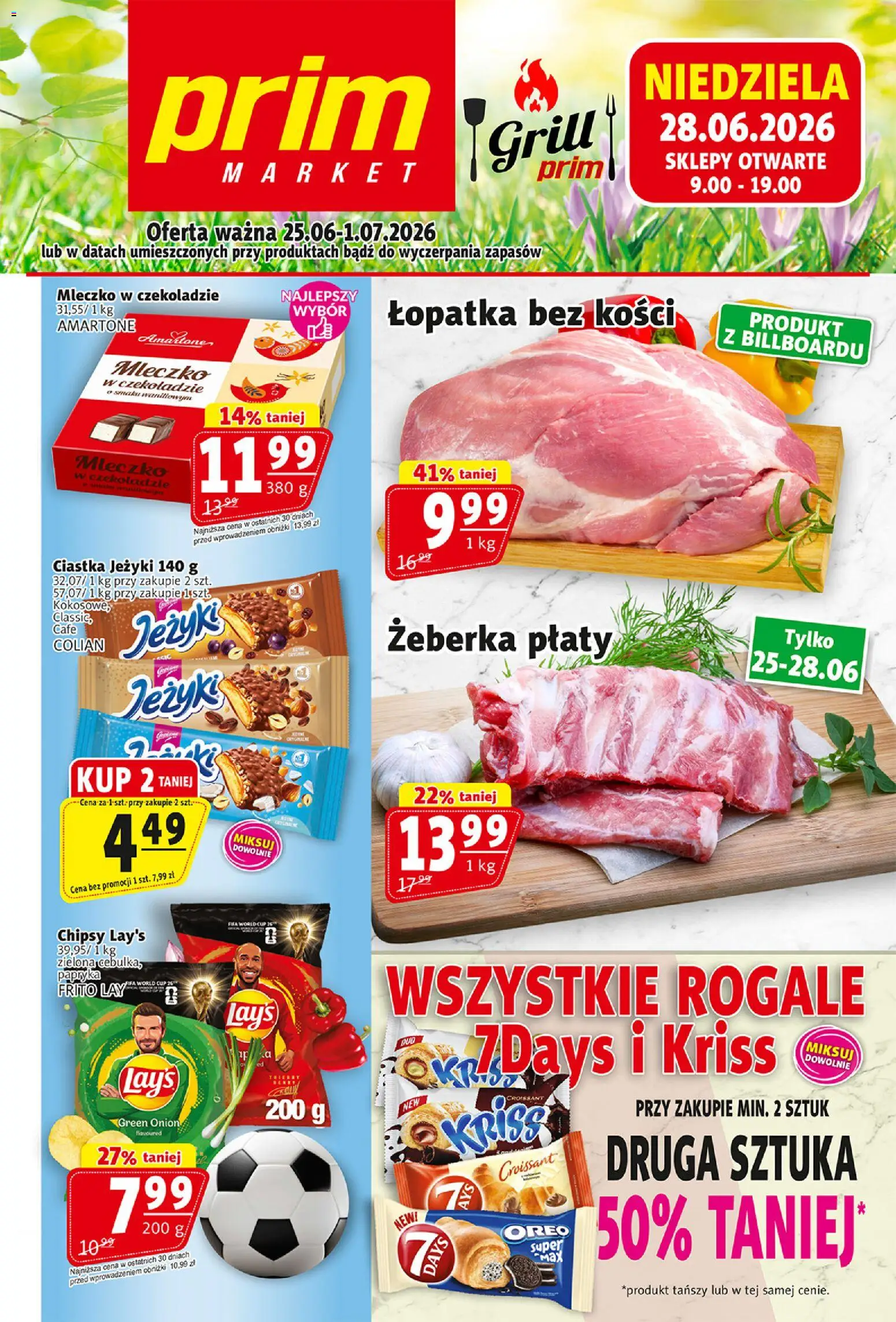 Pogląd gazetki "Prim Market gazetka" ze sklepu Prim Market ważnej od 25.06.2026 - Grill, Croissant, Ciastka, Chipsy, Oreo, Papryka, 7days, Ciastka Jeżyki