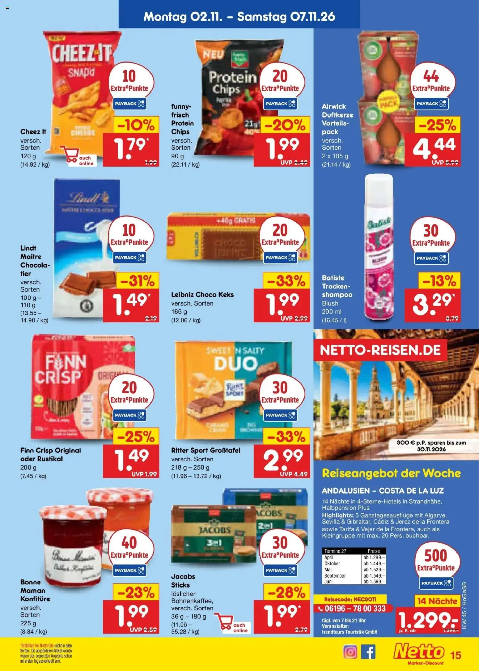 Vorschau von dem Prospekt des Geschäftes Netto Marken-Discount, gültig ab dem 02.11.2026 - Chips, Uhr, Lindt, Ritter sport, Shampoo, Blush