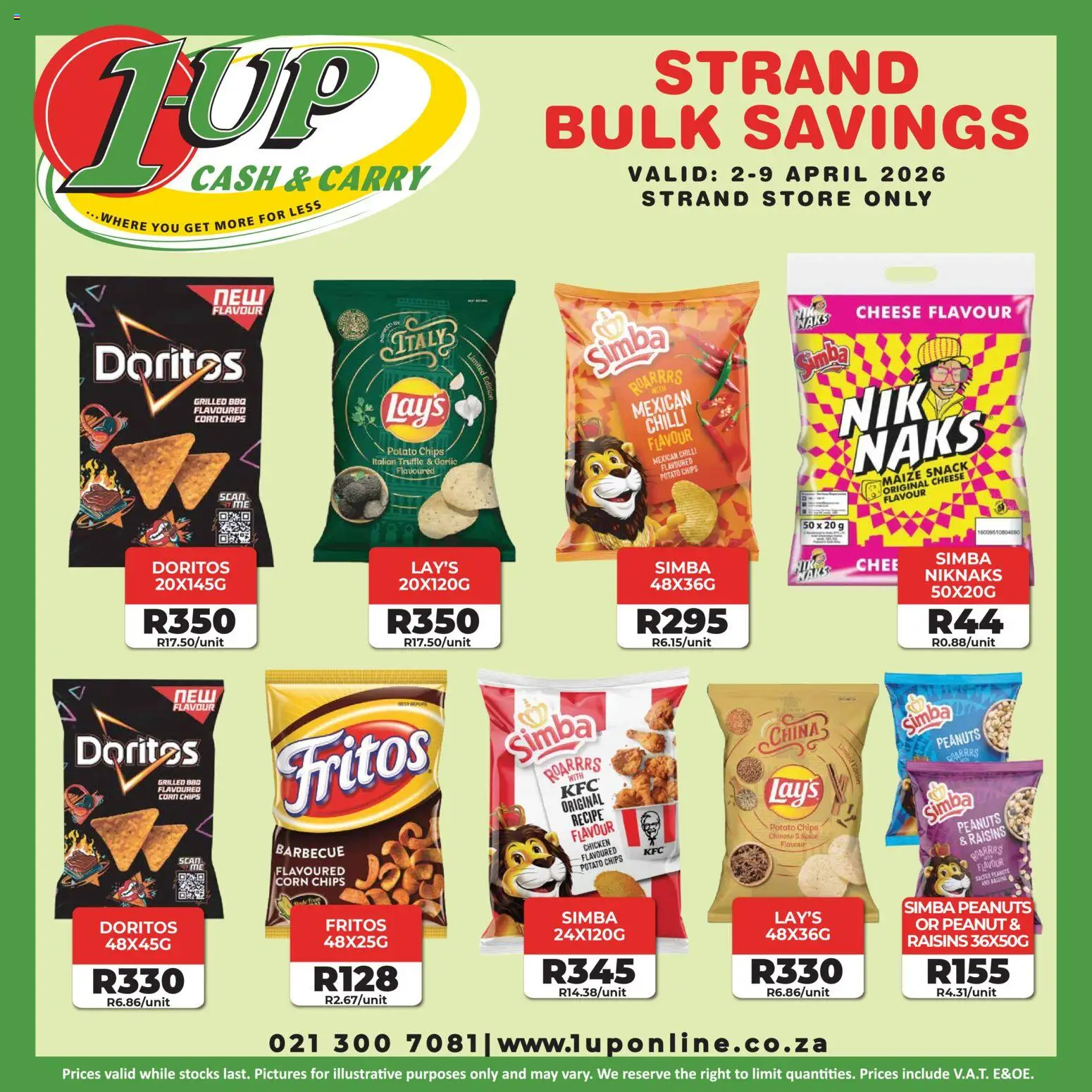 Preview of 1UP Cash & Carry flyer valid from 02/04/2026 - Chicken, Cheese, Chips, Corn, Peanuts, Garlic, Raisins, Chilli
