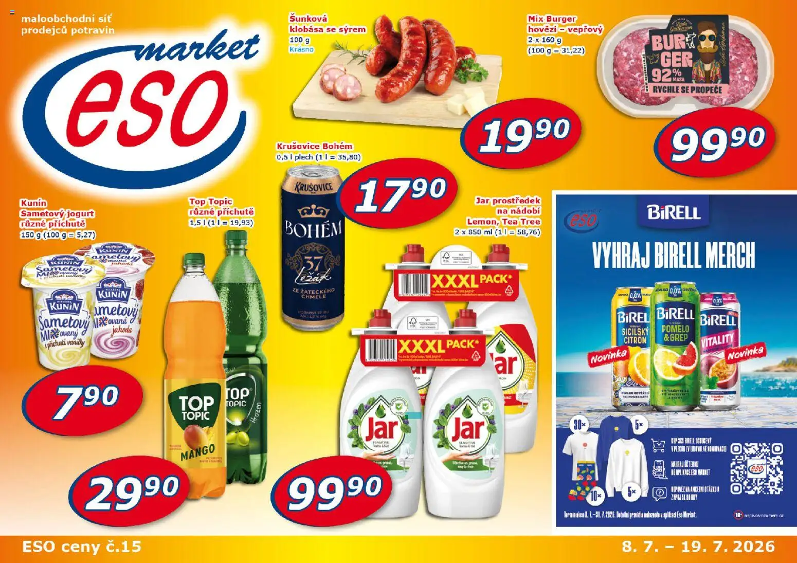 Náhled nabídky: Eso market Eso market leták platný od 08.07.2026 - Mango, Burger, Pomelo, Birell, Hovězí, Grep, Síť, Top Topic