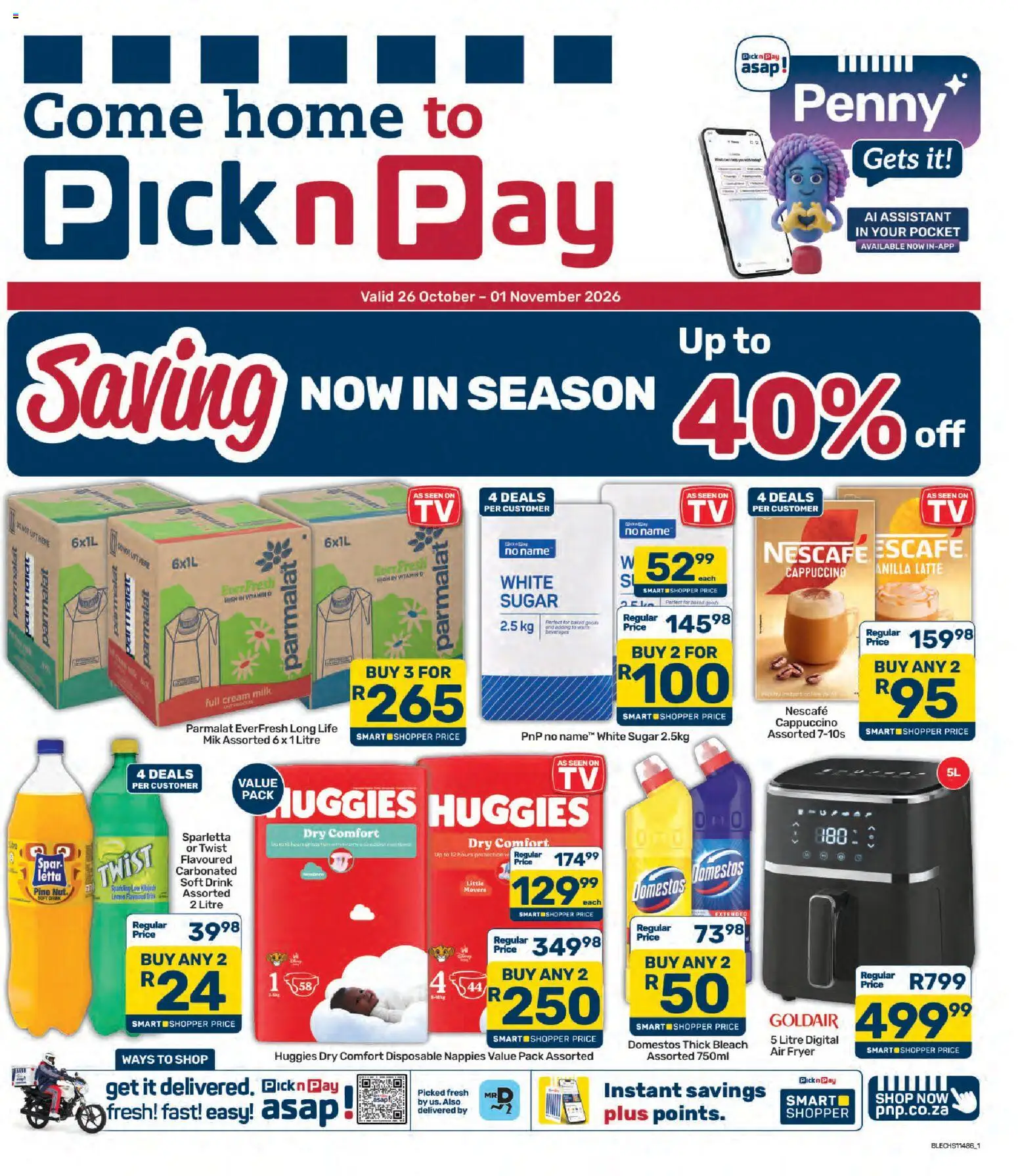 Preview of Pick n Pay flyer valid from 26/10/2026 - Air fryer, Bleach, Milk, Sugar, Cream, Lemon, Nappies, Fryer
