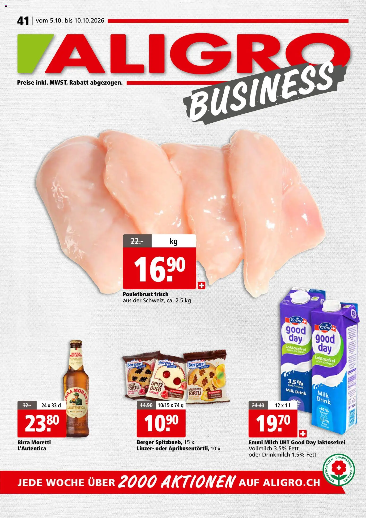 Vorschau des Merkblatts Aligro aktionen Business Schlieren, Gossau SG, Frauenfeld, Rapperswil-Jona, Sargans, Bern vom Shop Aligro gültig von 05.10.2026 bis 10.10.2026 - Milch, Pouletbrust