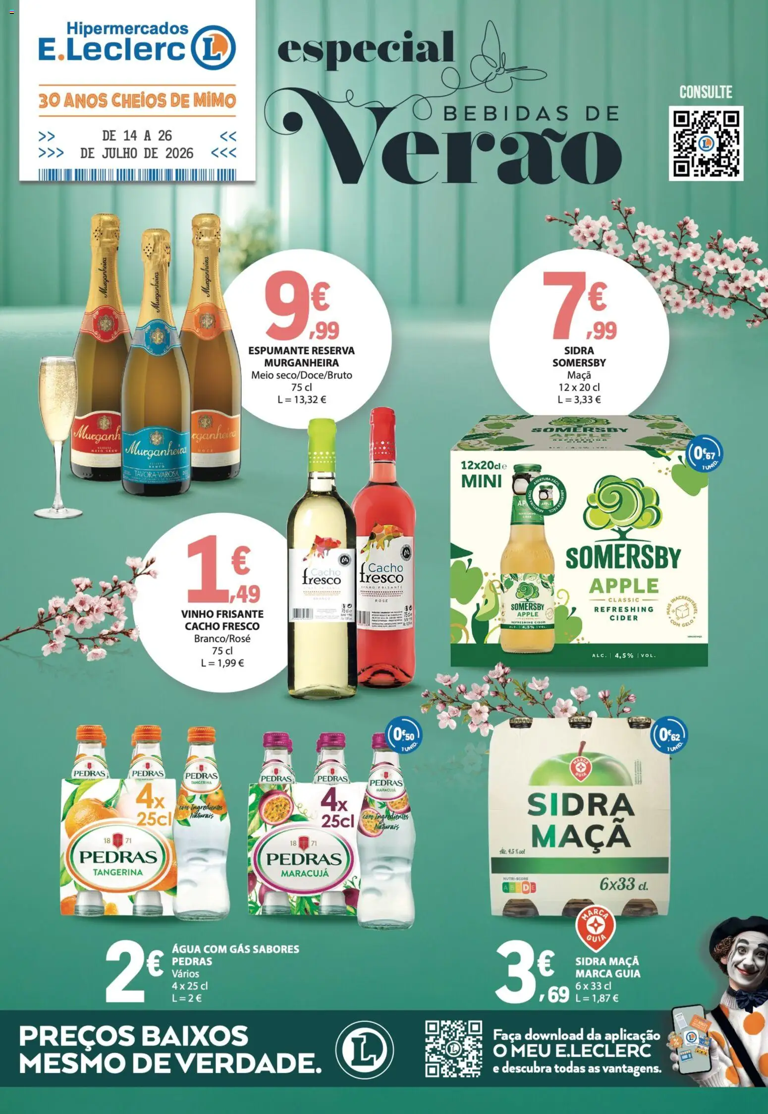 Pré-visualização do folheto da loja E.Leclerc válida a partir de 14/07/2026 - Somersby, Agua, Maça, Bebidas, Gelo, Sidra, Água com gás, Faca