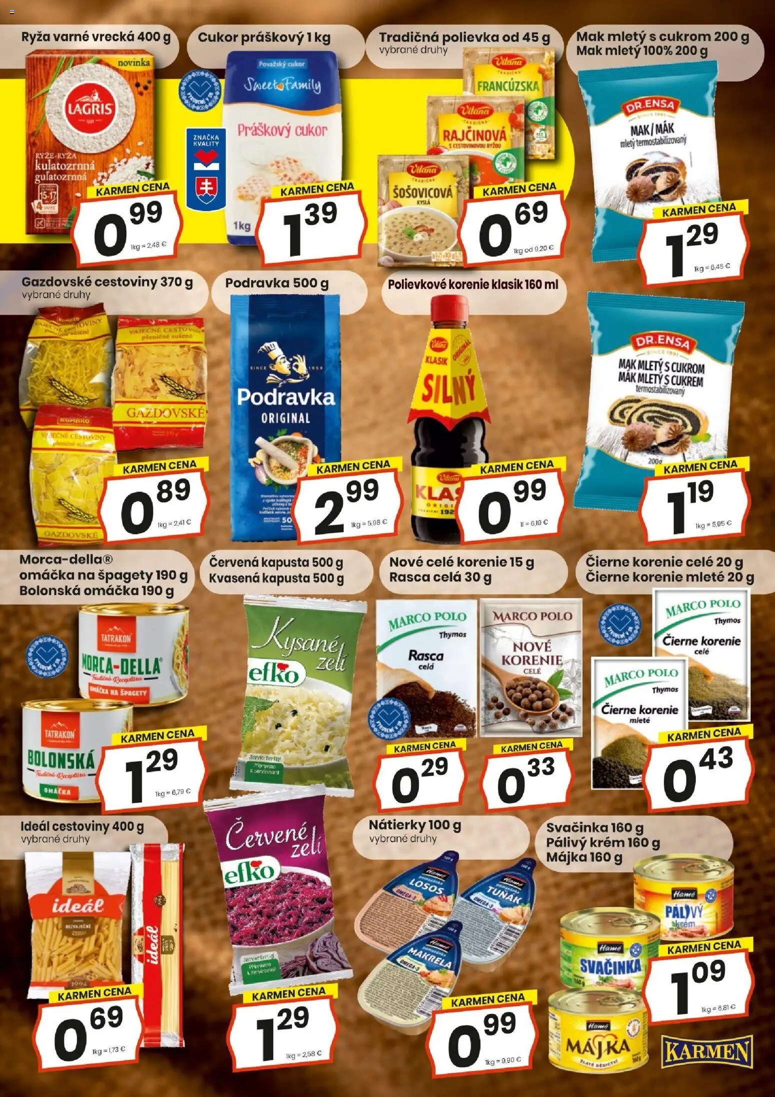 Náhľad KARMEN CBA letáku platného od 15.10.2026 - Noviny, Cestoviny, Omega 3, Špagety, Cukor, Korenie, Makrela, Čierne korenie