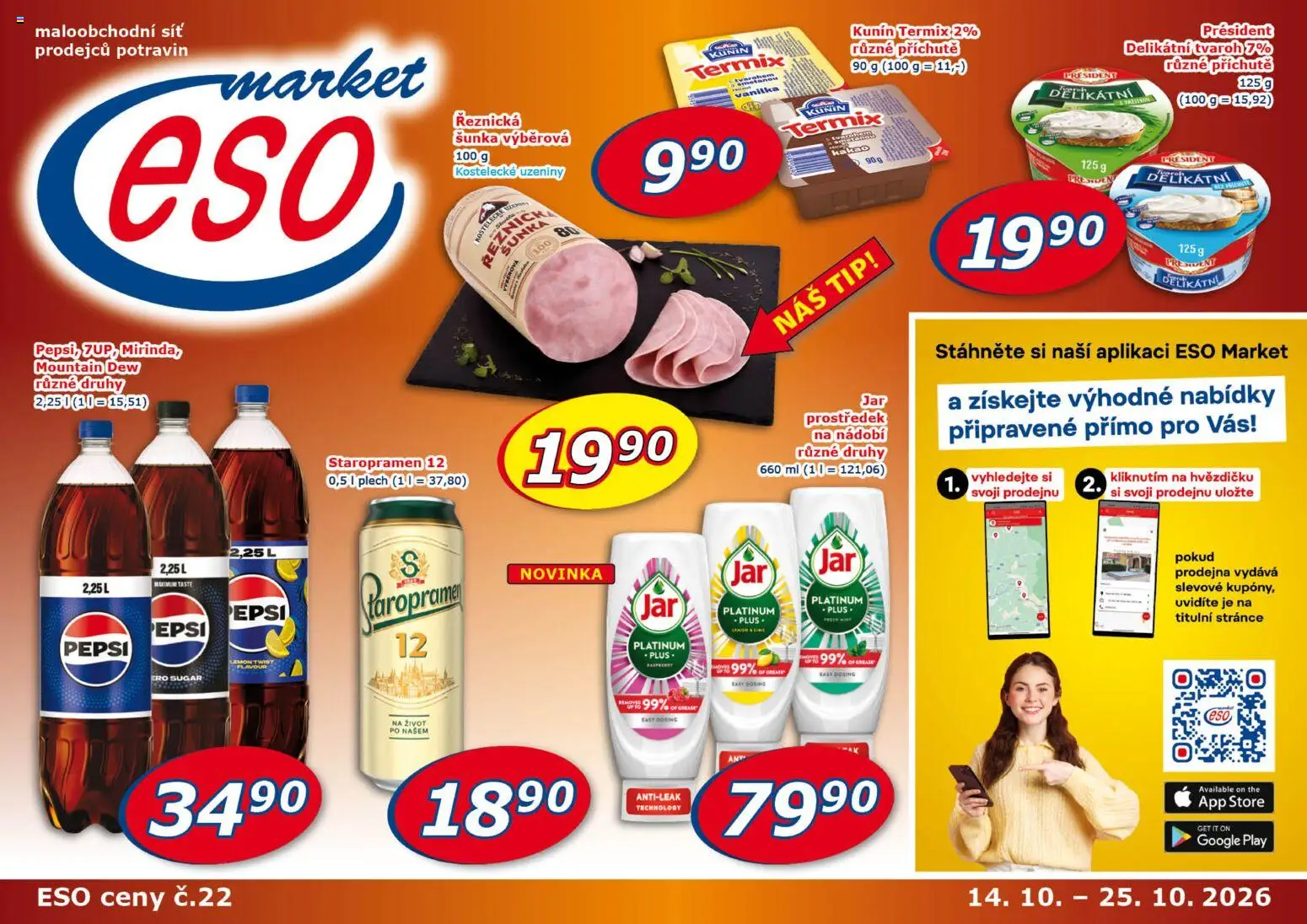 Náhled nabídky: Eso market Eso market leták platný od 14.10.2026 - Staropramen, Šunka, Vanilka, Nádobí, Mountain Dew, Plech, Síť, Uzeniny