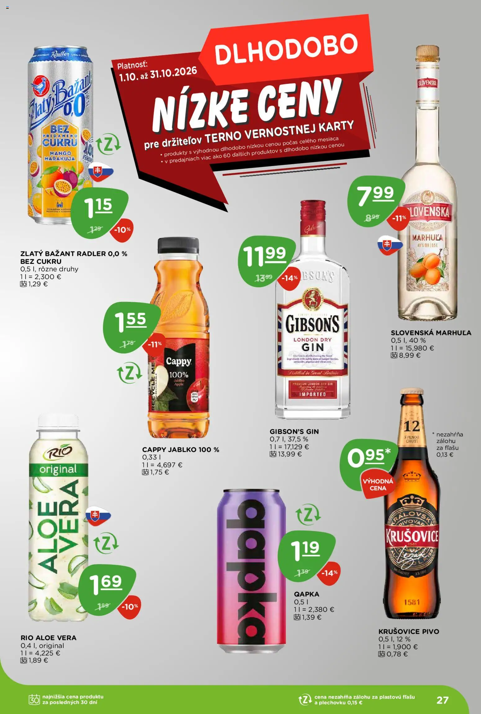 Náhľad Terno letáku platného od 15.10.2026 - Mango, Pivo, Aloe Vera, Gin, Krušovice, Radler, Zlatý Bažant