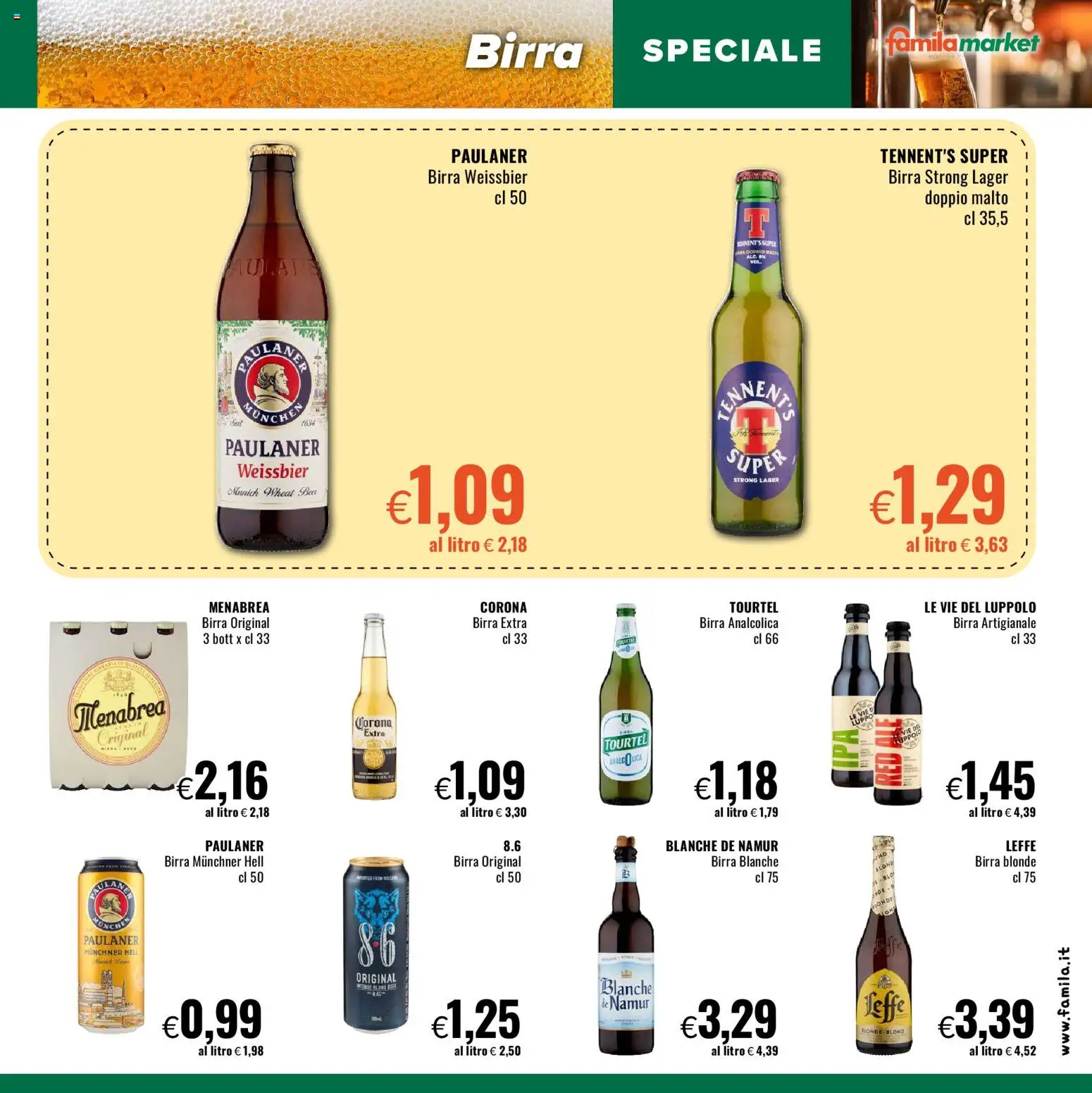 Anteprima dell'opuscolo Famila volantino Market dal negozio Famila valido da 29/10/2026 - Birra, Tennent's, Birra Artigianale, Birra analcolica, Tennent's Super