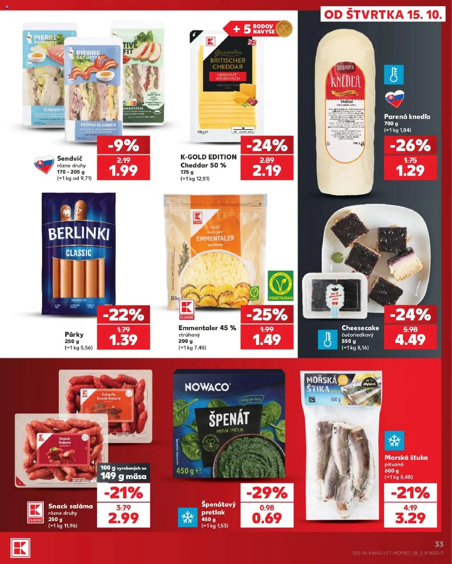 Náhľad Kaufland letáku platného od 15.10.2026 - Steak, Knedľa, Špenát, Cheddar, Párky, Sendvič, Saláma, Špenátový pretlak
