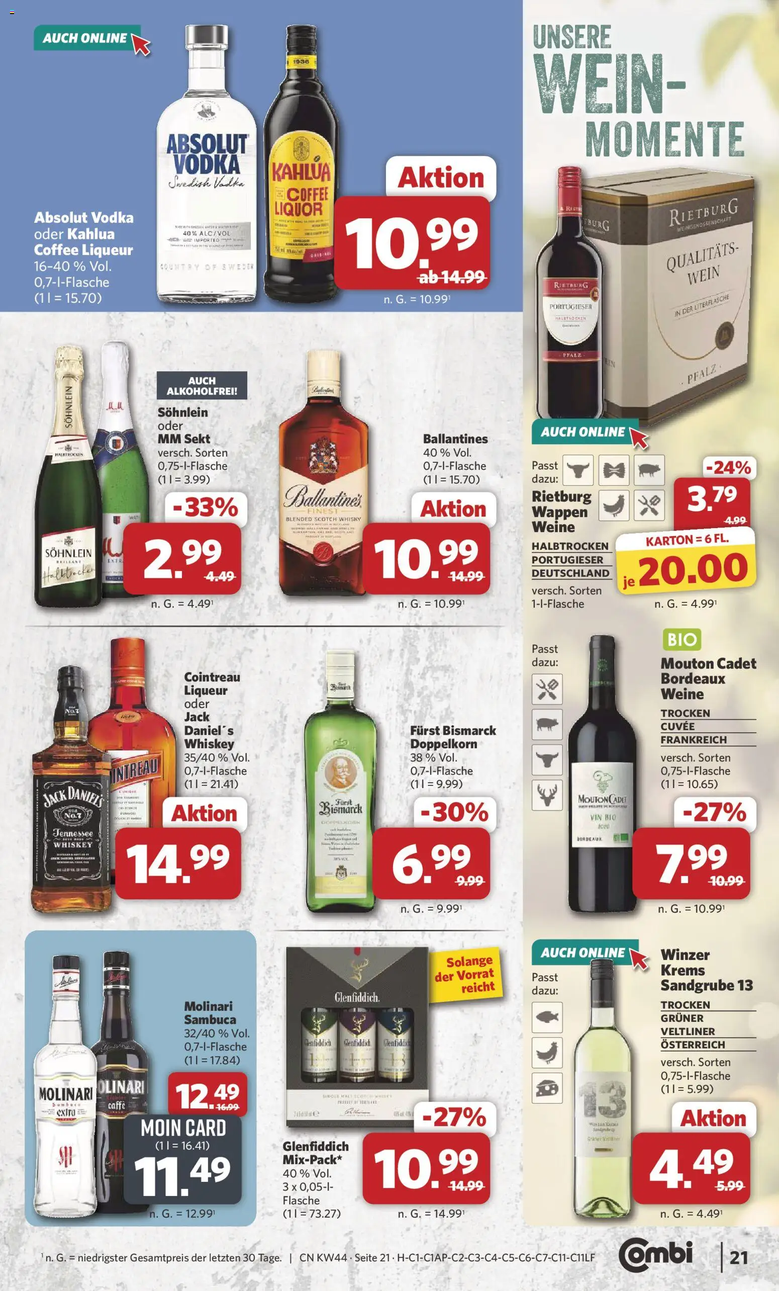 Vorschau von dem Prospekt des Geschäftes Combi, gültig ab dem 26.10.2026 - Wein, Whisky, Vodka, Whiskey, Sambuca, Sekt, Jack Daniel's