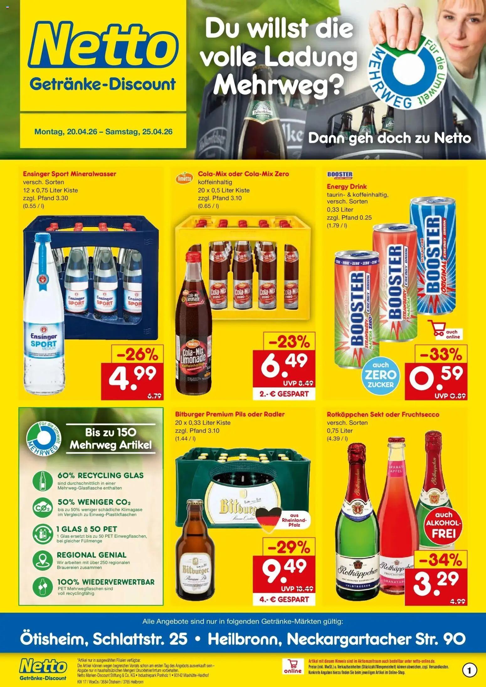 Vorschau von dem Prospekt des Geschäftes Netto Marken-Discount, gültig ab dem 20.04.2026 - Äpfel, Mineralwasser, Alkohol, Zucker, Sekt, Pils, Fruchtsecco, Rotkappchen sekt