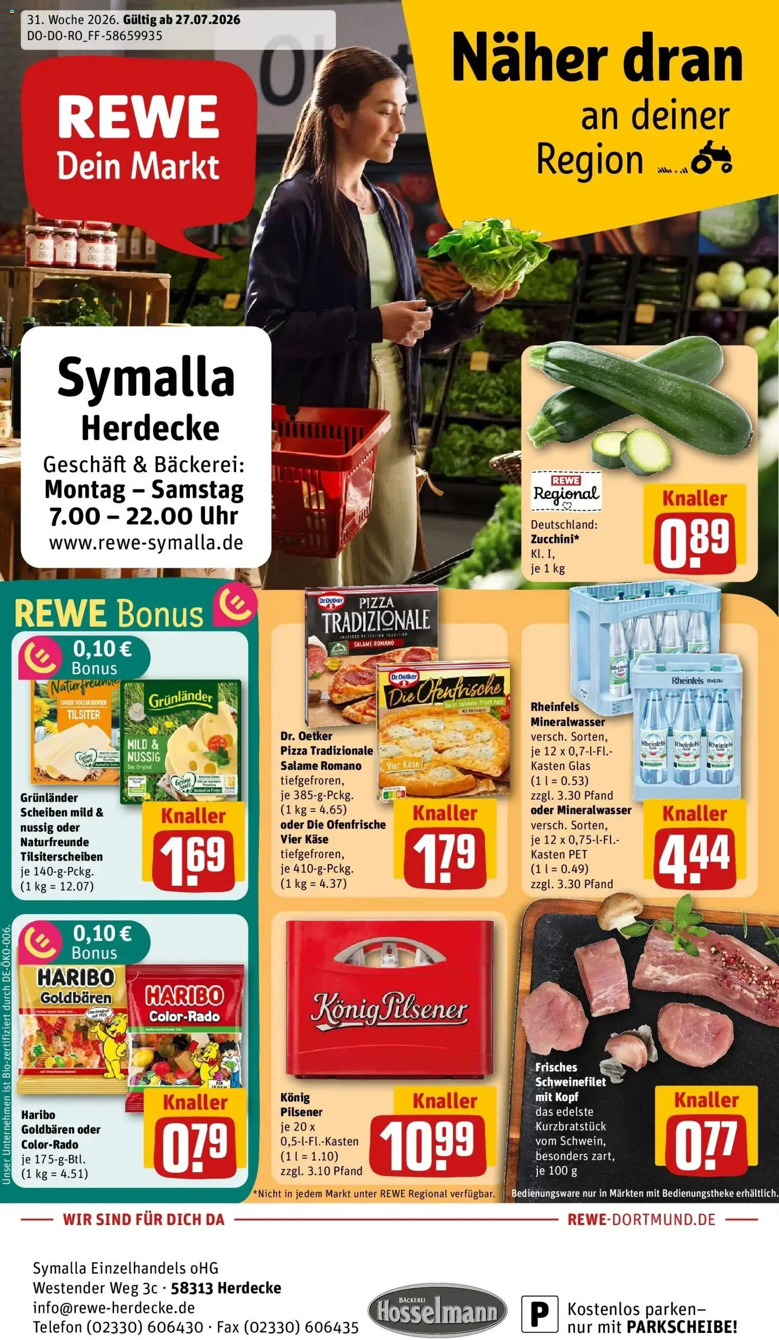 Vorschau von dem Prospekt des Geschäftes Rewe, gültig ab dem 27.07.2026 - Pizza, Uhr, Telefon, Käse, Mineralwasser, Schweinefilet, Ofenfrische, Grunlander